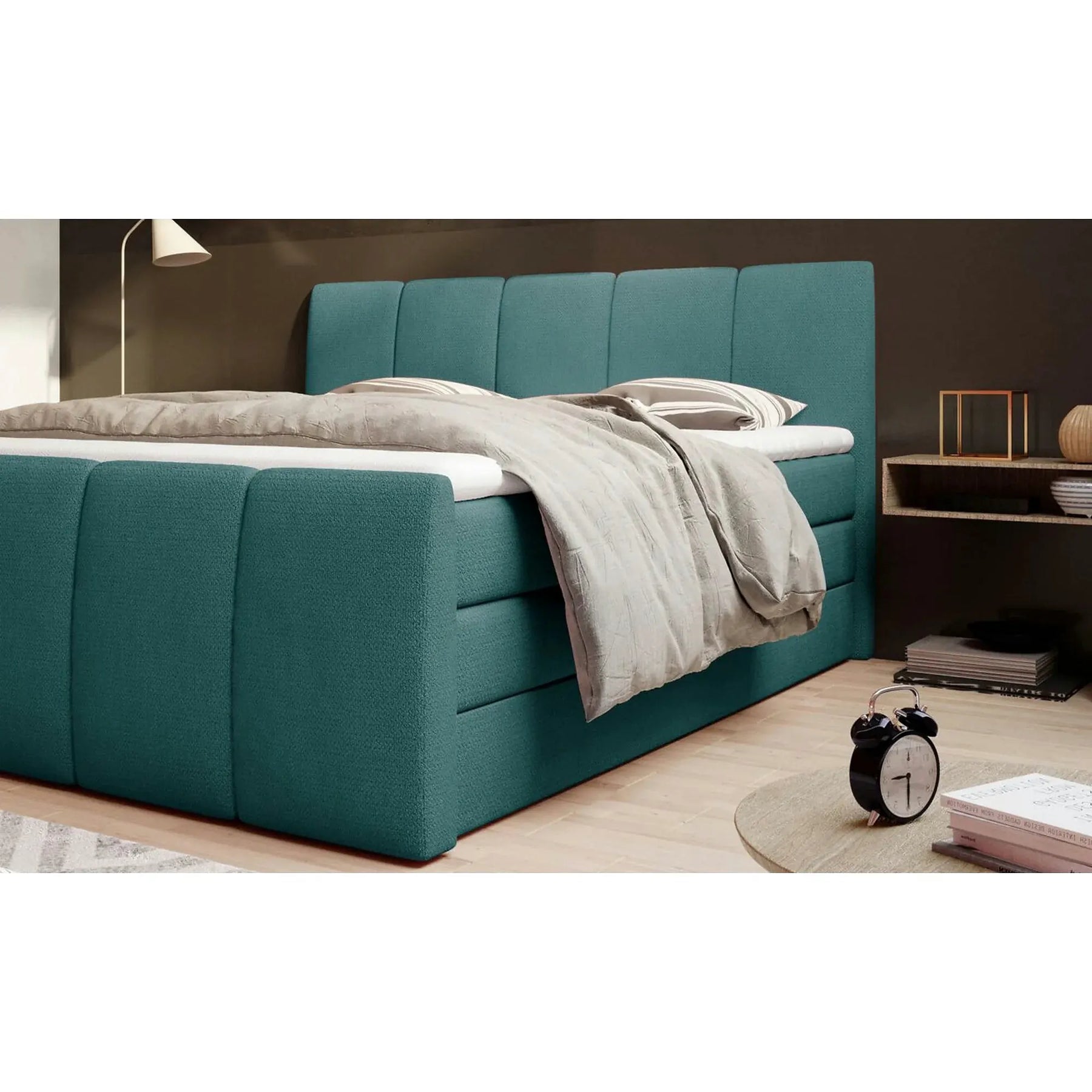 Pat boxspring FRESCO, stofă/burete/PAL, gri deschis - Royal velvet 17, 149×222×111 cm