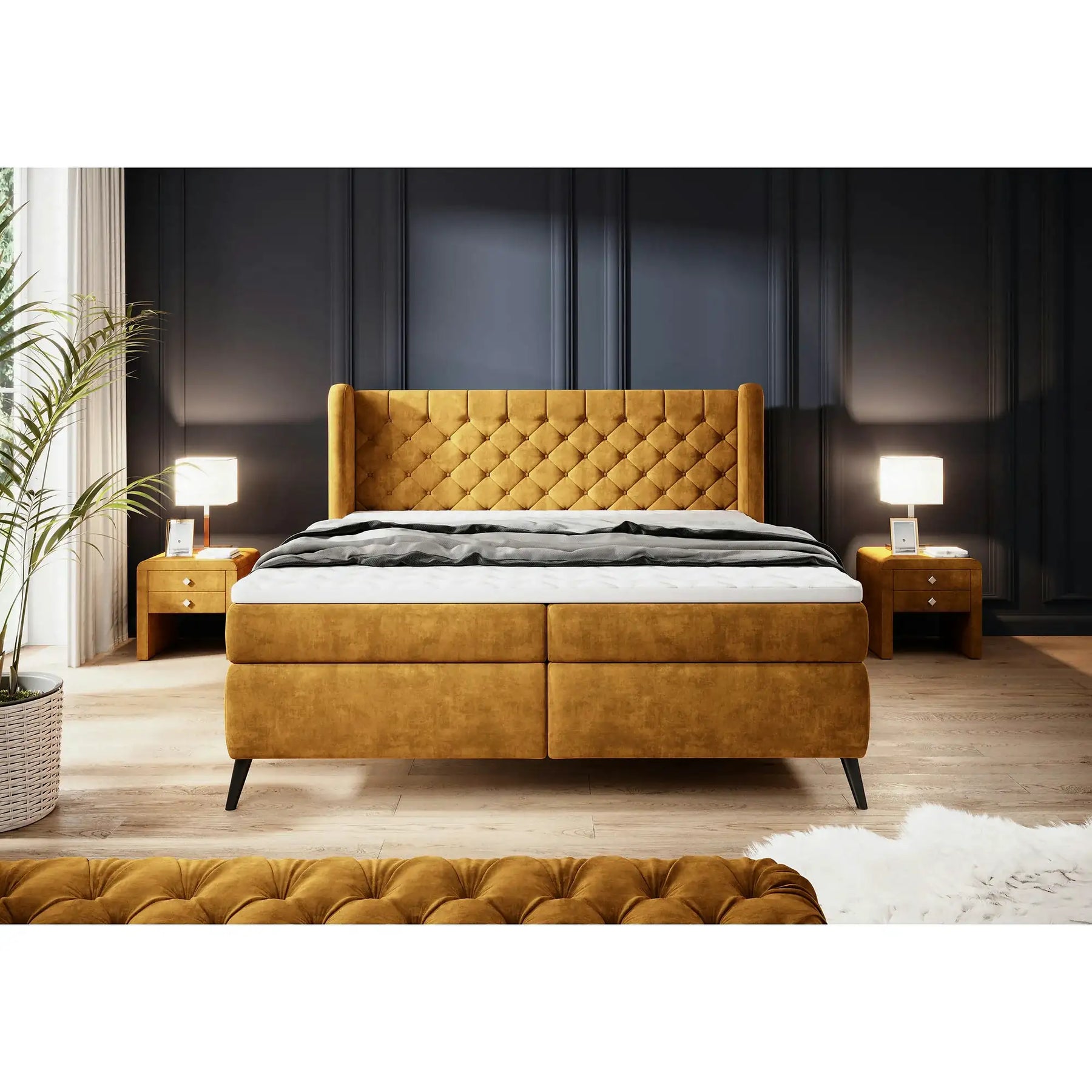 Pat boxspring MADISON, stofă buclata/burete/metal, verde - Now or Never 38, 177×214×123 cm