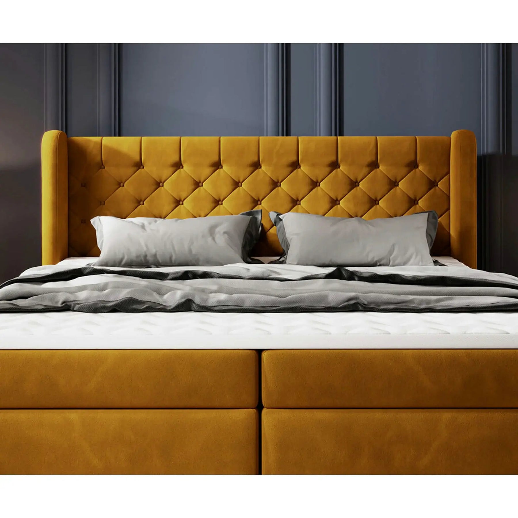 Pat boxspring MADISON, stofă buclata/burete/metal, verde - Now or Never 38, 177×214×123 cm