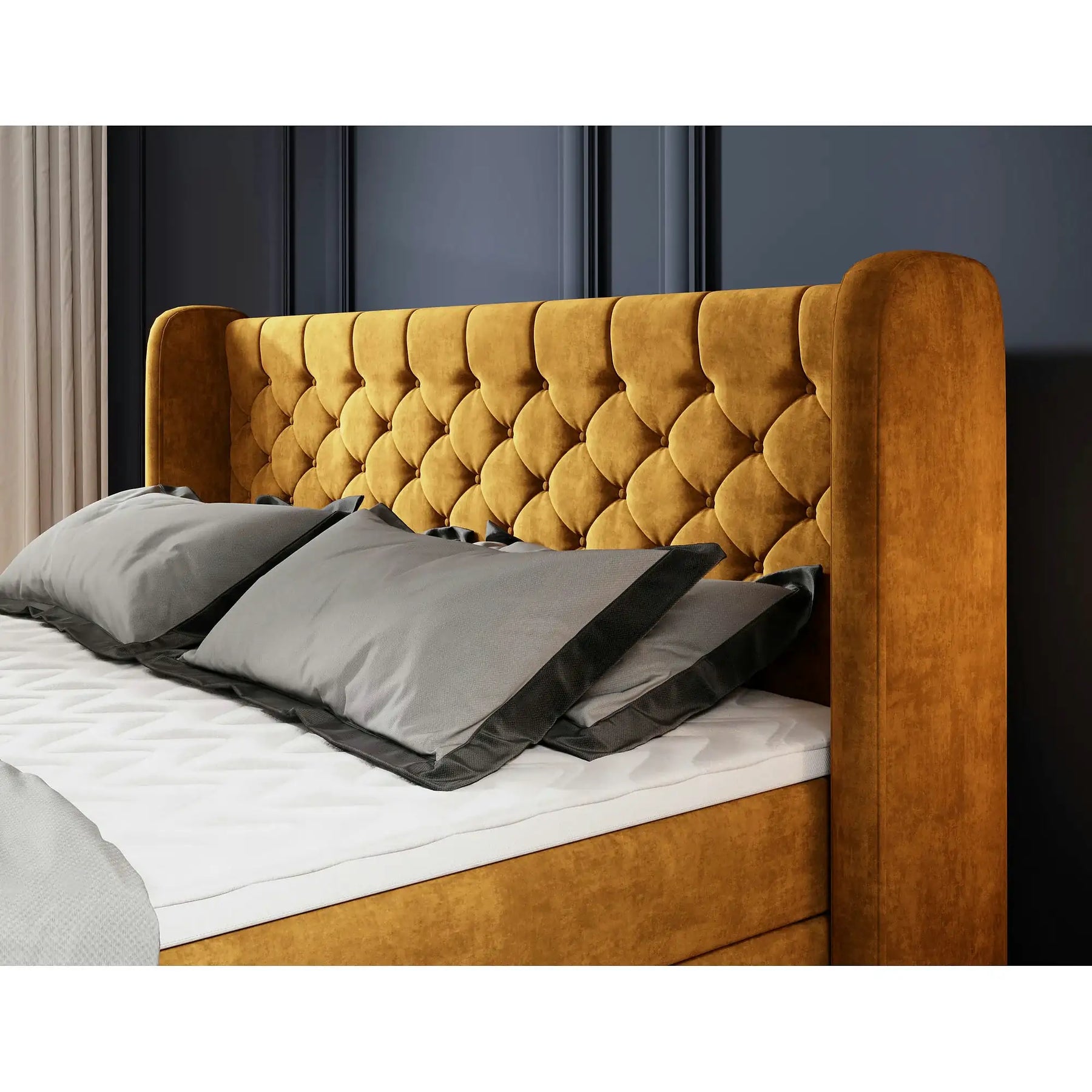 Pat boxspring MADISON, stofă buclata/burete/metal, verde - Now or Never 38, 177×214×123 cm