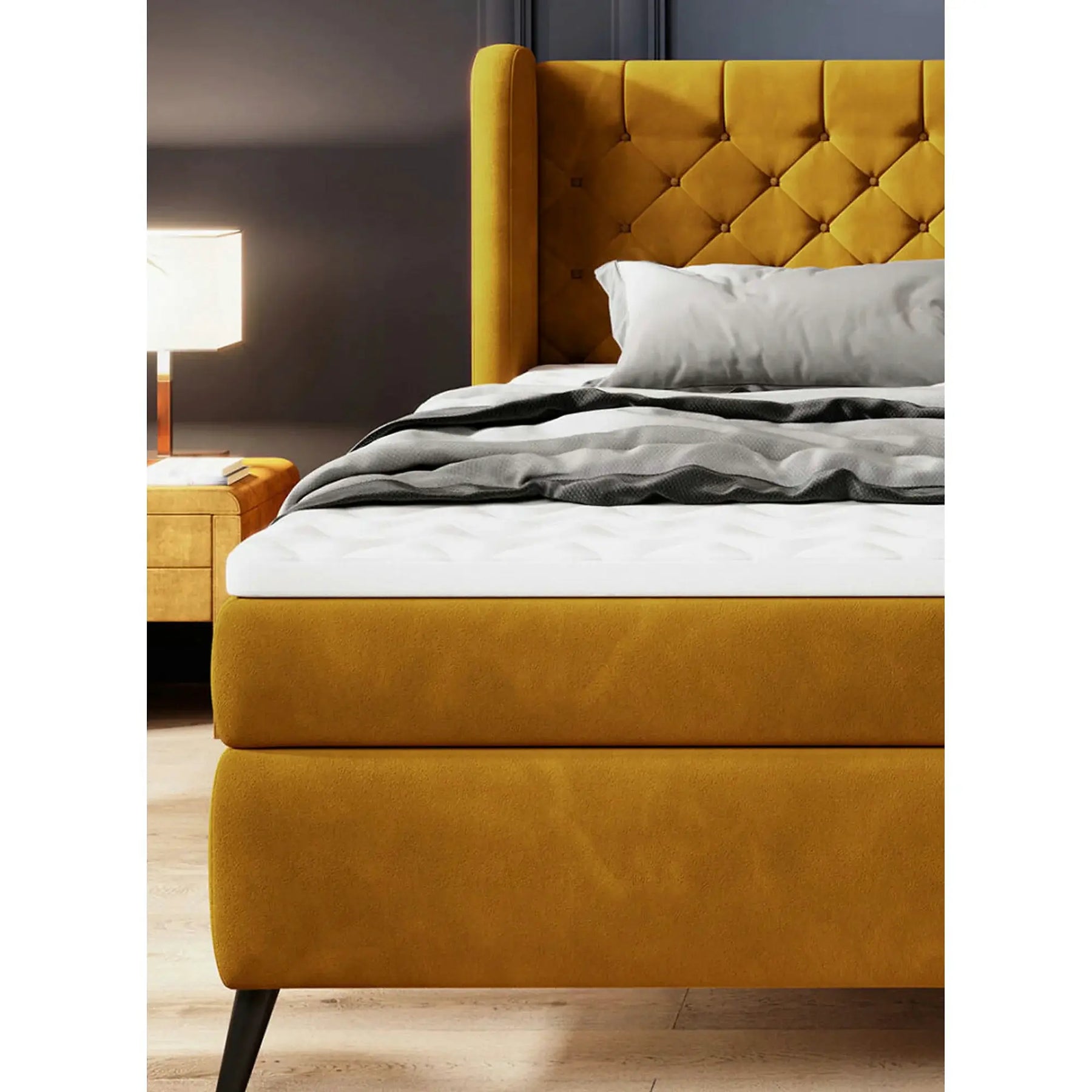 Pat boxspring MADISON, stofă buclata/burete/metal, verde - Now or Never 38, 177×214×123 cm