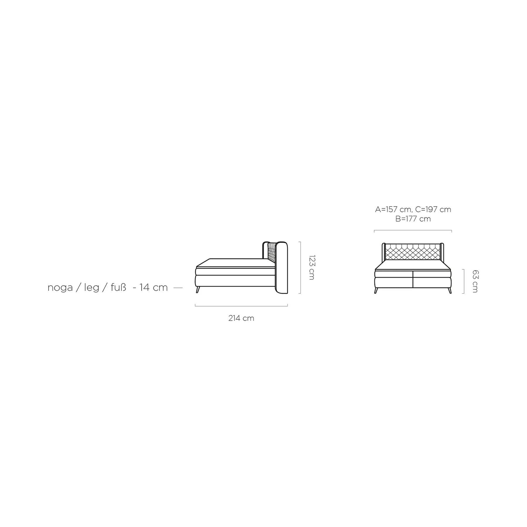 Pat boxspring MADISON, stofă buclata/burete/metal, verde - Now or Never 38, 177×214×123 cm