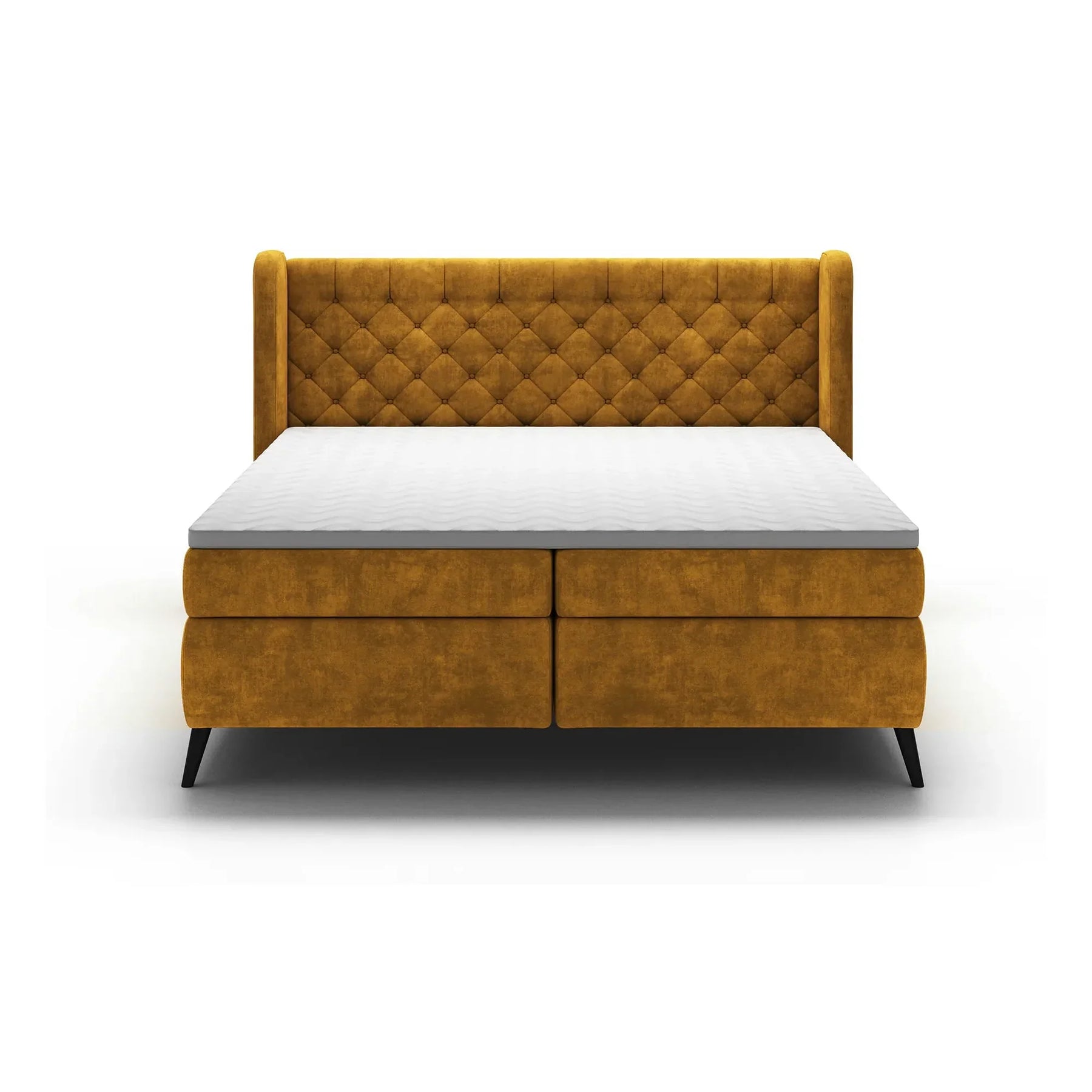 Pat boxspring MADISON, stofă catifelata/burete/metal, caramiziu - Palladium 9, 177×214×123 cm