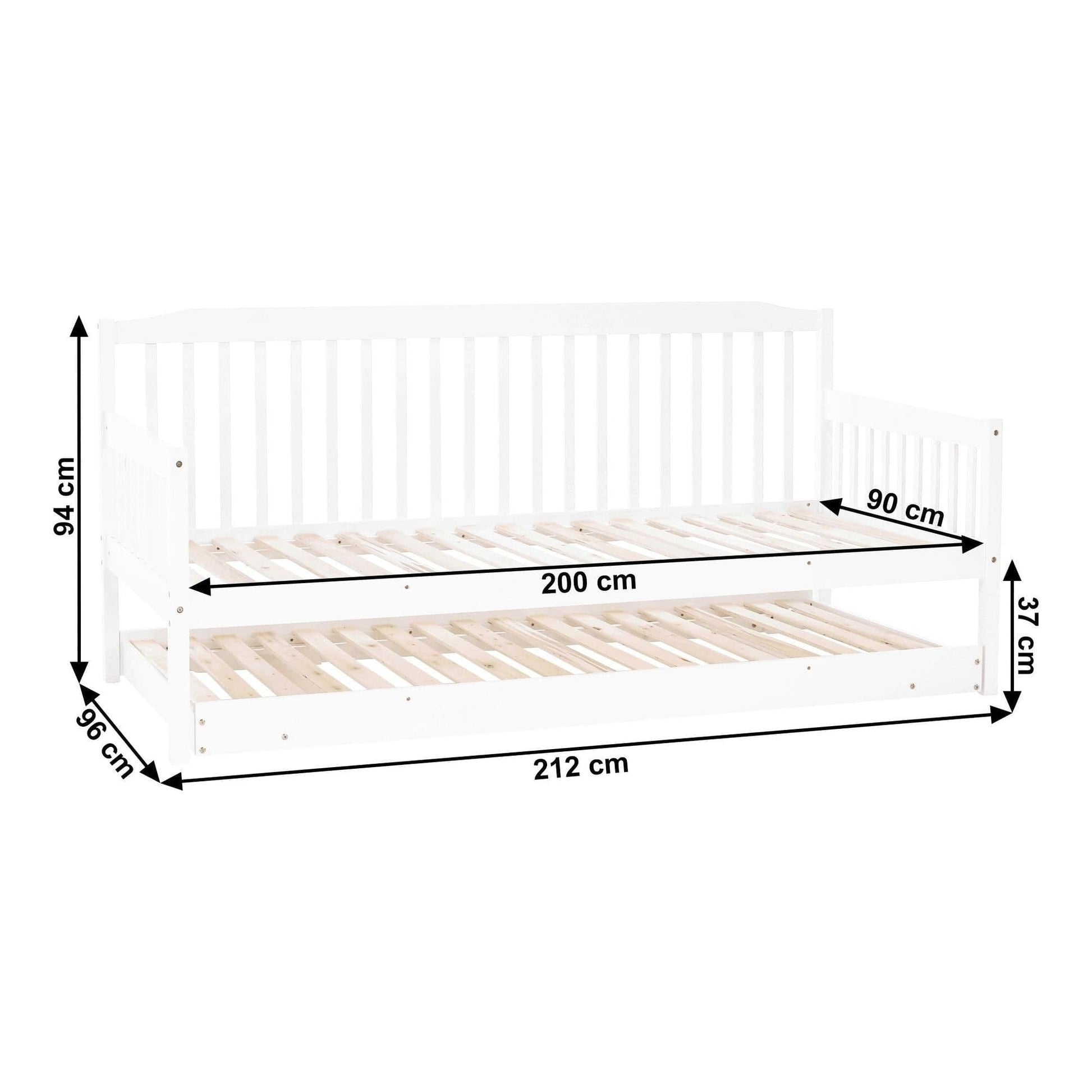 Pat pentru copii PEDREZA 90x200/180x200, alb, lemn, cu pat extensibil suplimentar si somiera