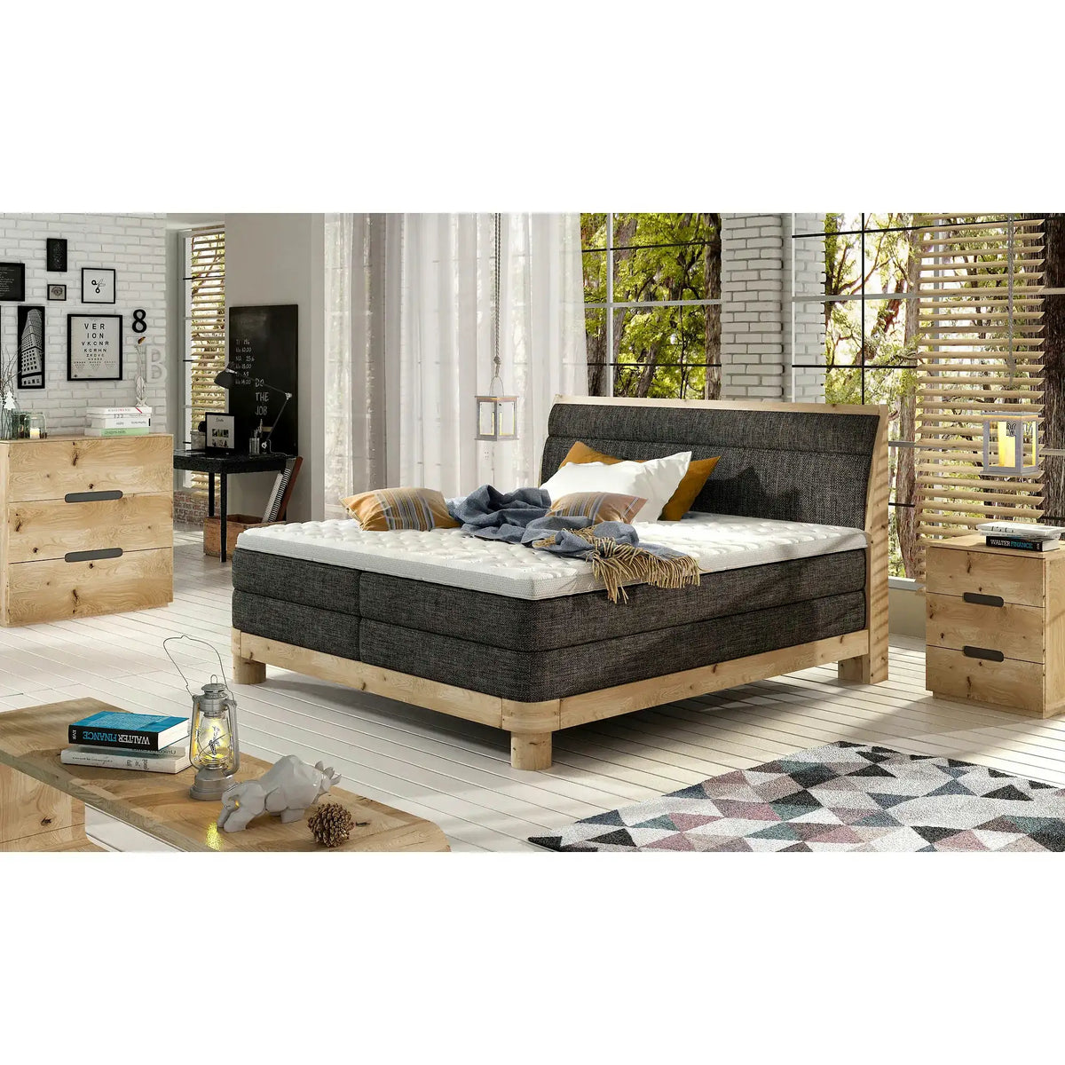 Pat lemn cu tablie tapitata DONNA 160x200, stofa catifelata bej - Shanghai 02, cu saltea si topper