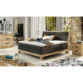Pat lemn cu tablie tapitata DONNA 160x200, stofa catifelata bej - Shanghai 02, cu saltea si topper