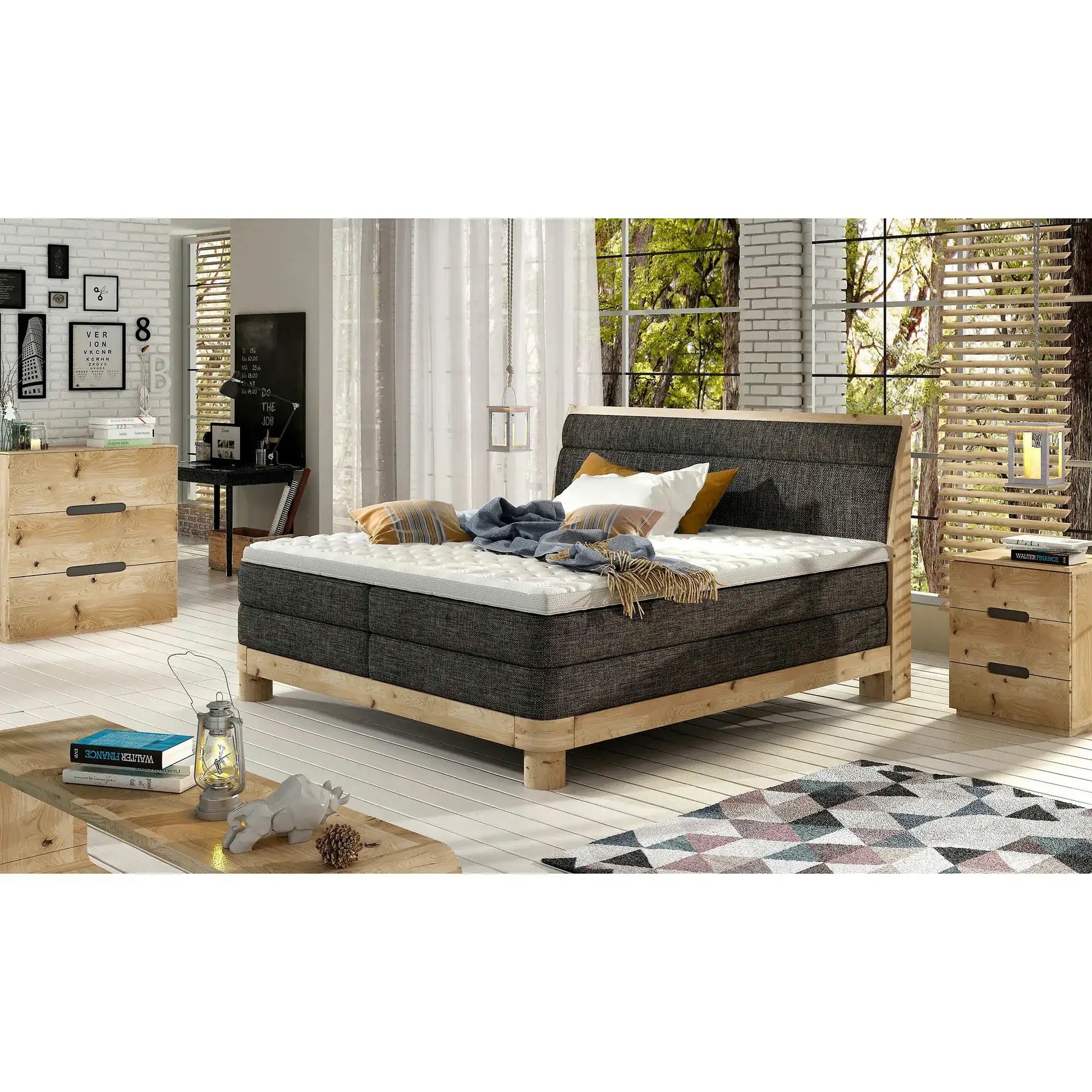 Pat lemn cu tablie tapitata DONNA 160x200, stofa catifelata bej - Shanghai 02, cu saltea si topper