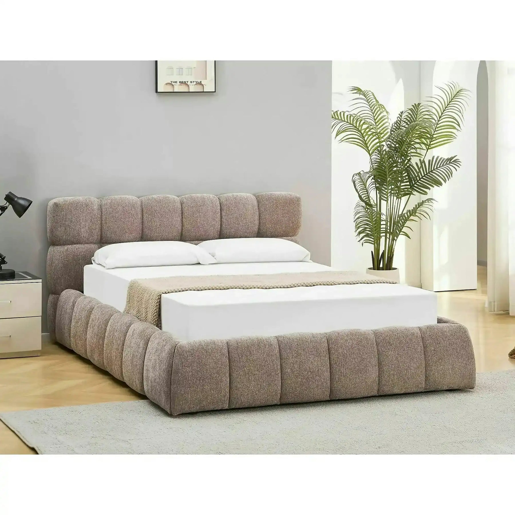 Pat PARMA 140x200, bej închis, stofă, cu spațiu de depozitare