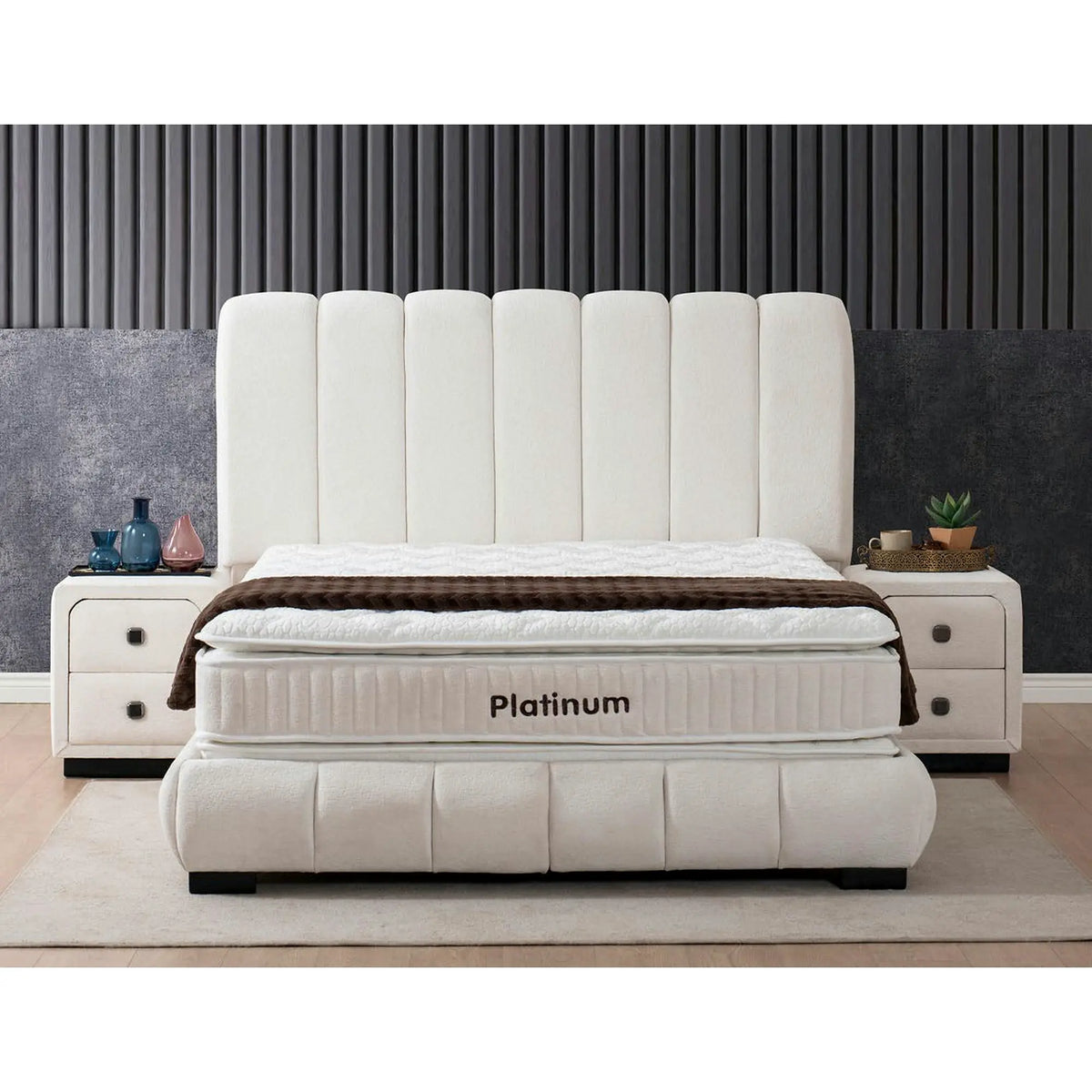 Pat PLATINUM 160x200, stofa crem - Troya 01, cu somiera si spatiu depozitare