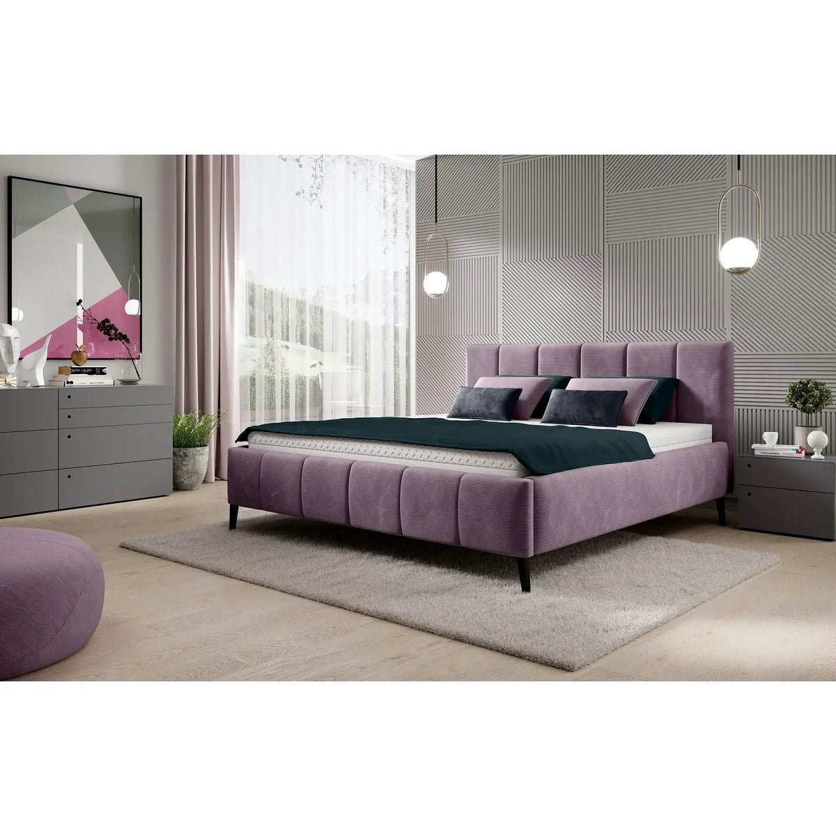 Pat RIVA SR 160x200, stofa catifelata violet - Whisper 14, cu suport saltea si sistem de reglare