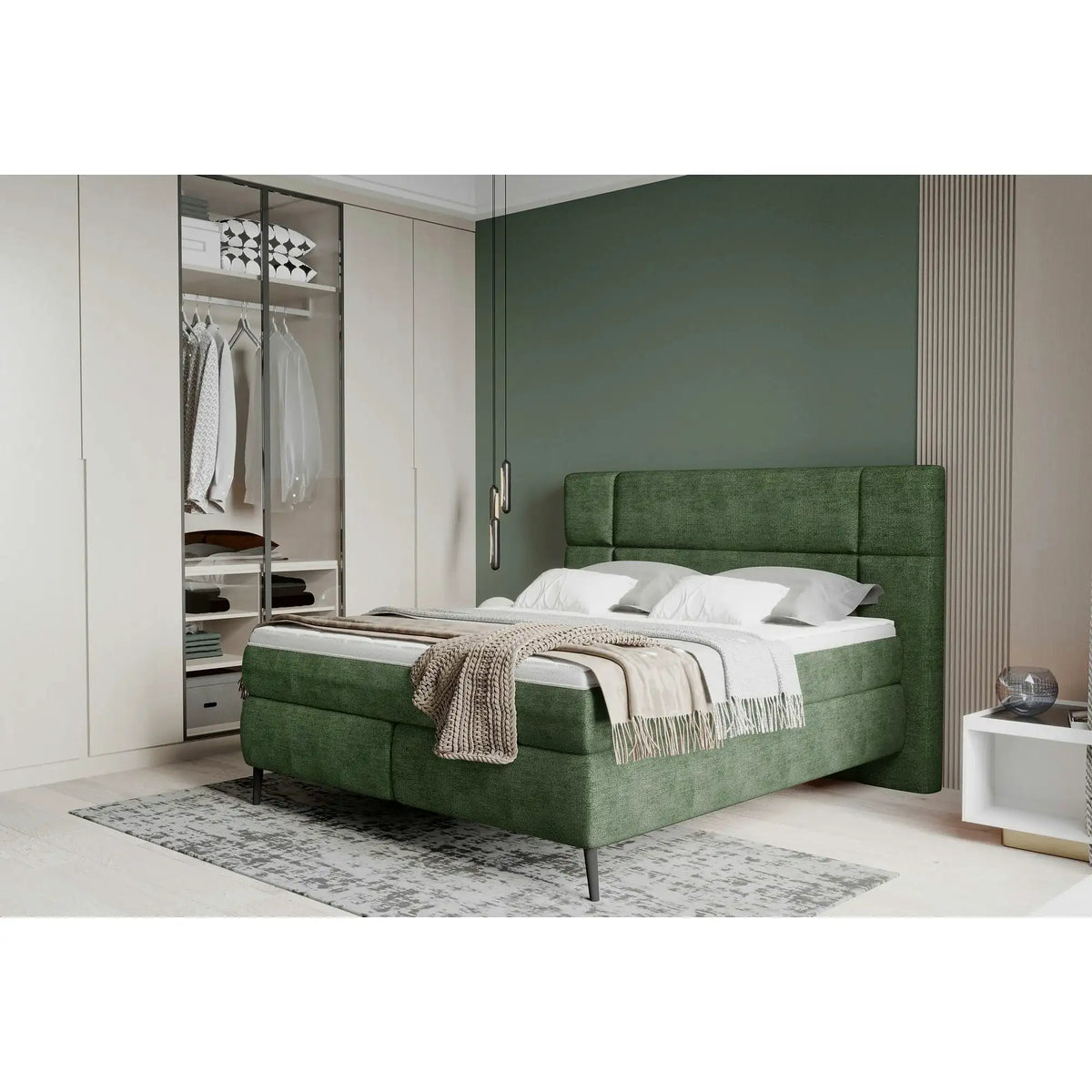 Pat tapitat boxspring LUCIO 180x200, stofa catifelata bej deschis - Ontario 02, cu saltele si topper