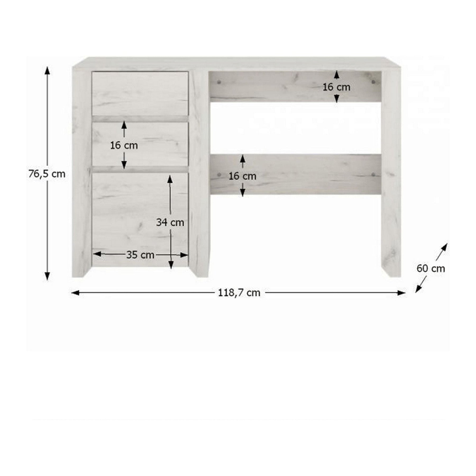 Birou ANGEL typ 80, PAL melaminat, alb craft, 118,7x76,5x60 cm, 1 usa si 2 sertare