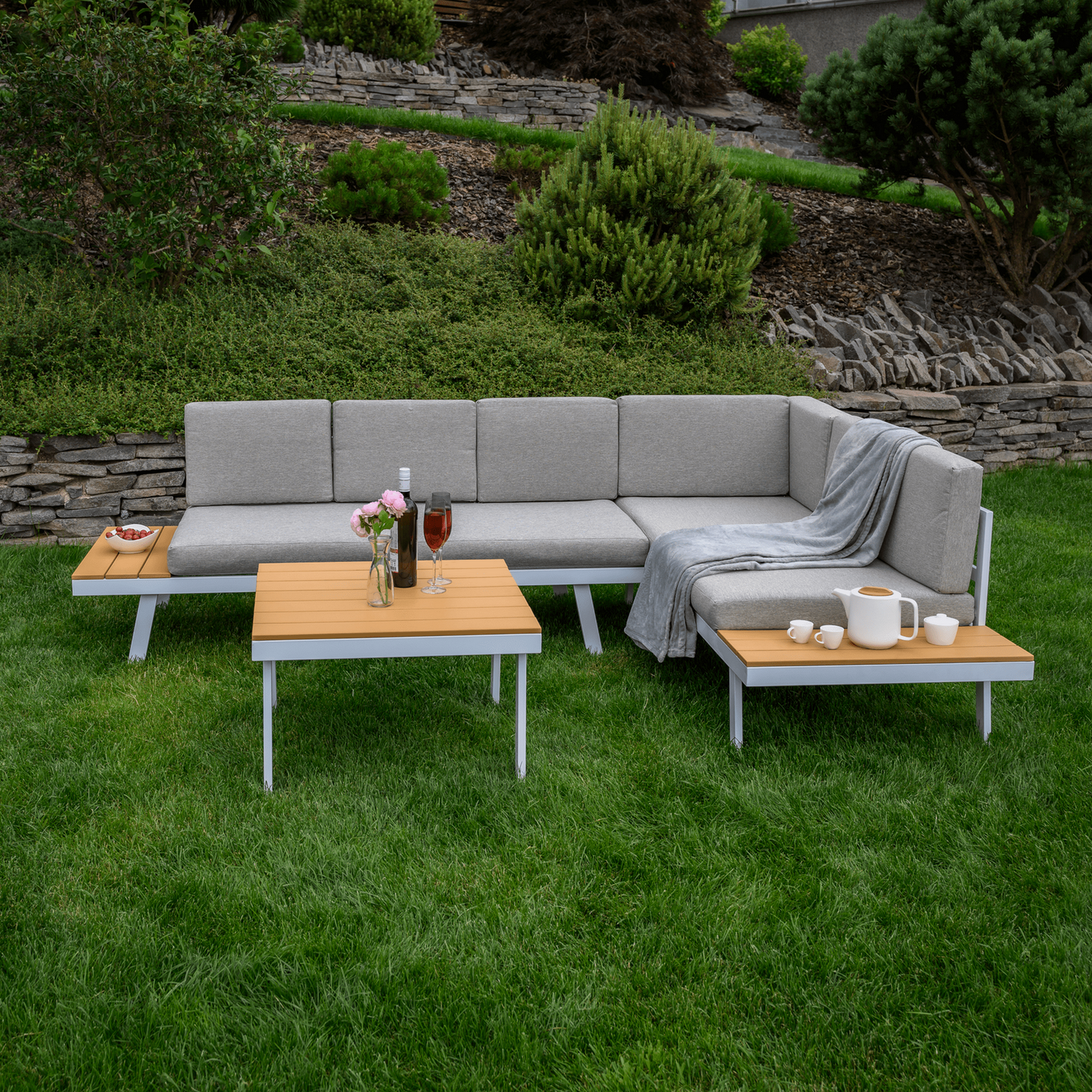 Set mobilier gradina PELOR, alb/gri deschis/stejar, otel/tesatura