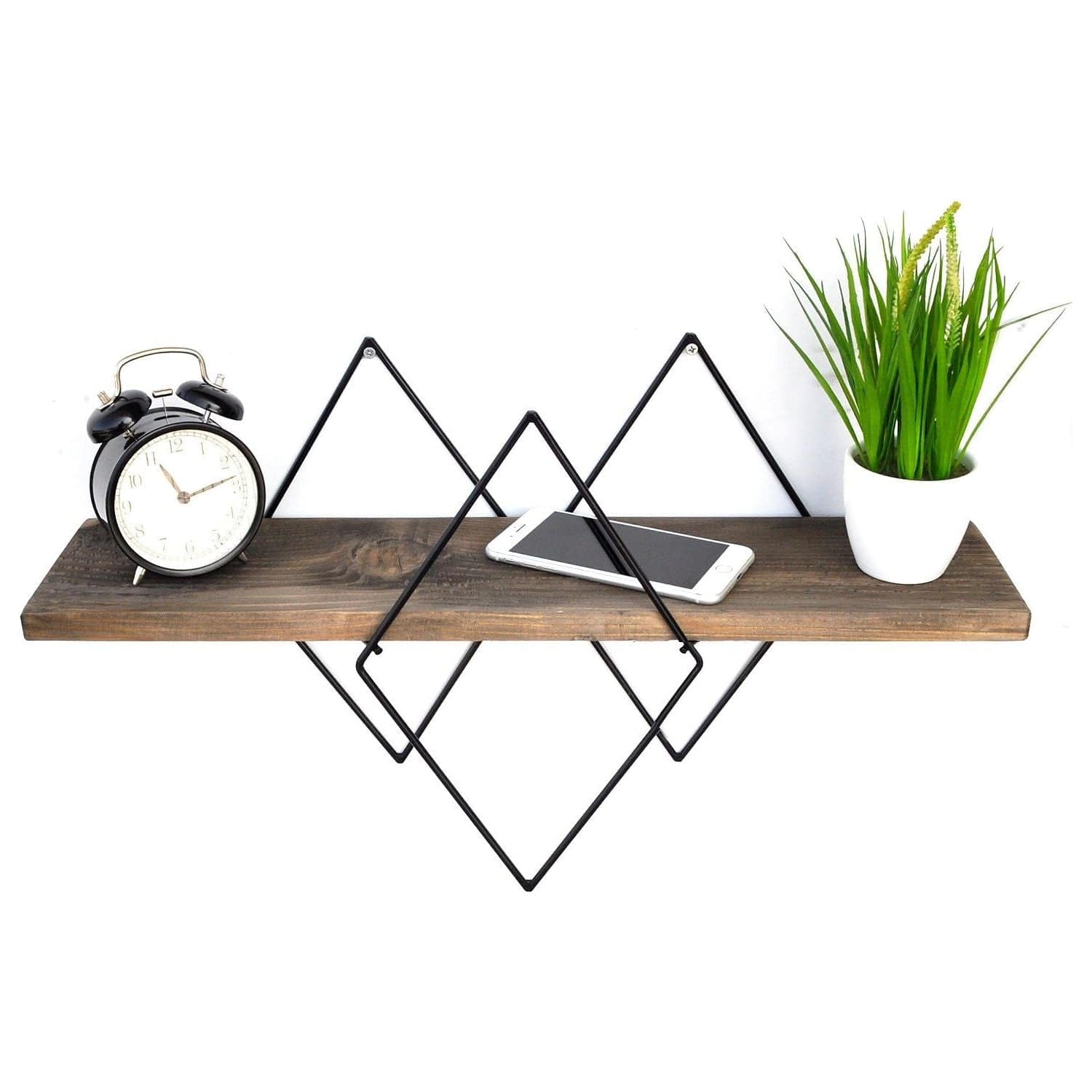 Poliță din stejar cu suport negru, decorată cu ceas și plantă, ideală pentru living – primabucata