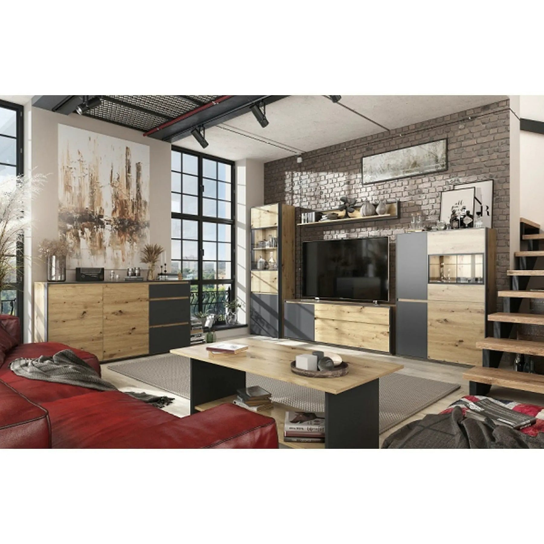 Polita BOSCO, PAL laminat/MDF, stejar artisan maro/negru, 150×20×22 cm