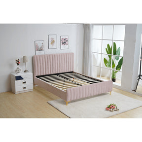 Pat dormitor KAISA, cadru din lemn/stofa catifelata, roz/auriu, 140x200 cm, cu somiera lamelara fixa, fara saltea