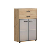 Vitrina SPACE OFFICE, stejar artisan/negru fumuriu, PAL laminat/sticla, cu 2 usi si 2 sertare, 80x38x122 cm
