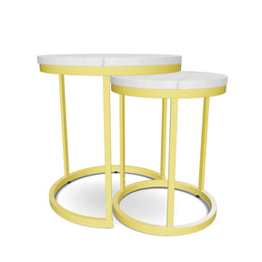 Set 2 masute cafea HOLA, PAL laminat/otel, alb cu efect de marmura/auriu