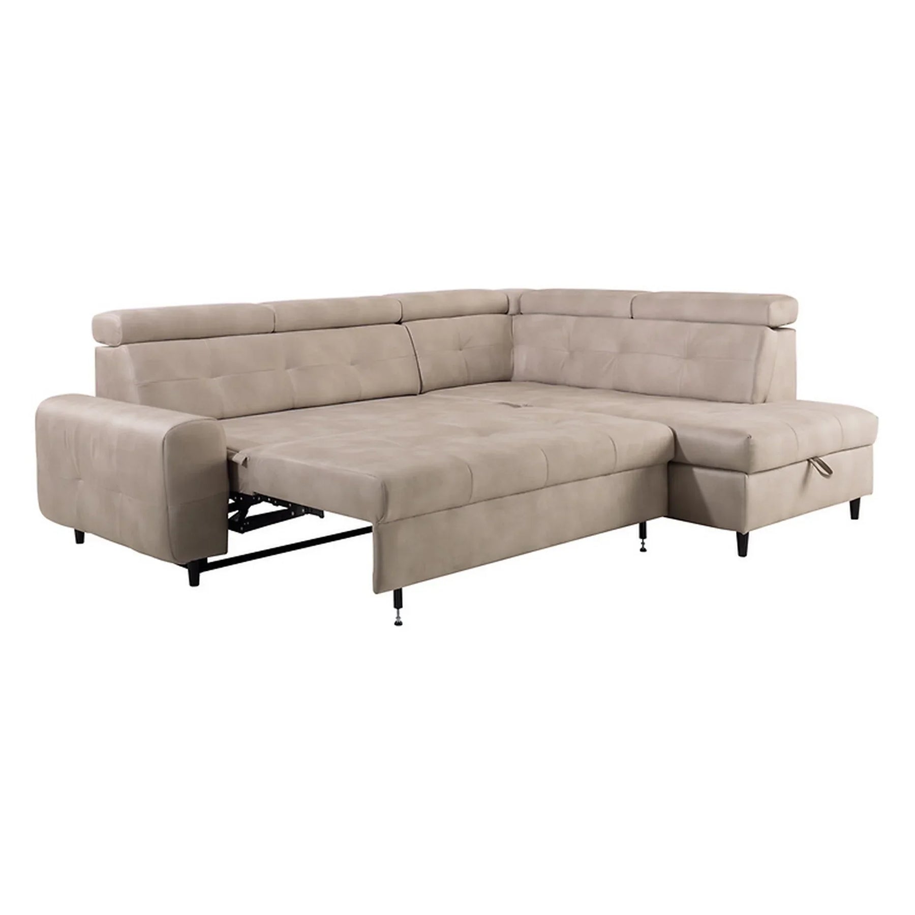 Coltar extensibil MATRAS, sezlong dreapta, stofa catifelata bej - Letto 11, cu lada depozitare si tetiere reglabile, 263x205x98 cm