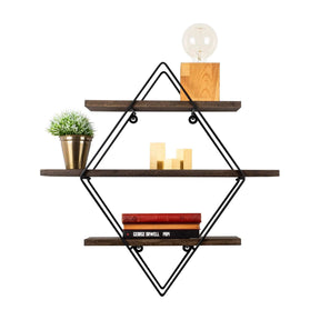 Raft modern din lemn nuc și metal negru, decorat cu plante și cărți – primabucata