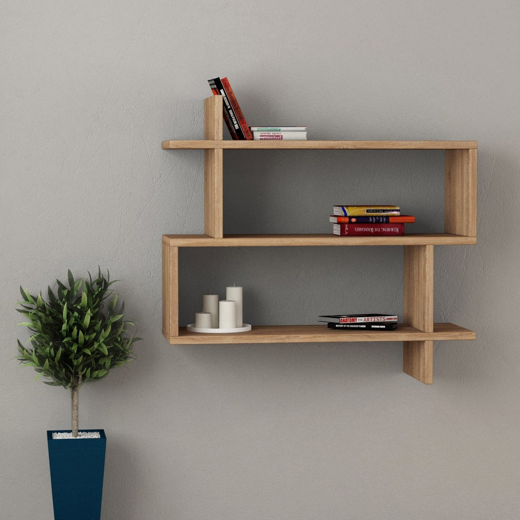 Raft din stejar montat pe perete, decorat cu cărți și lumânări – primabucata