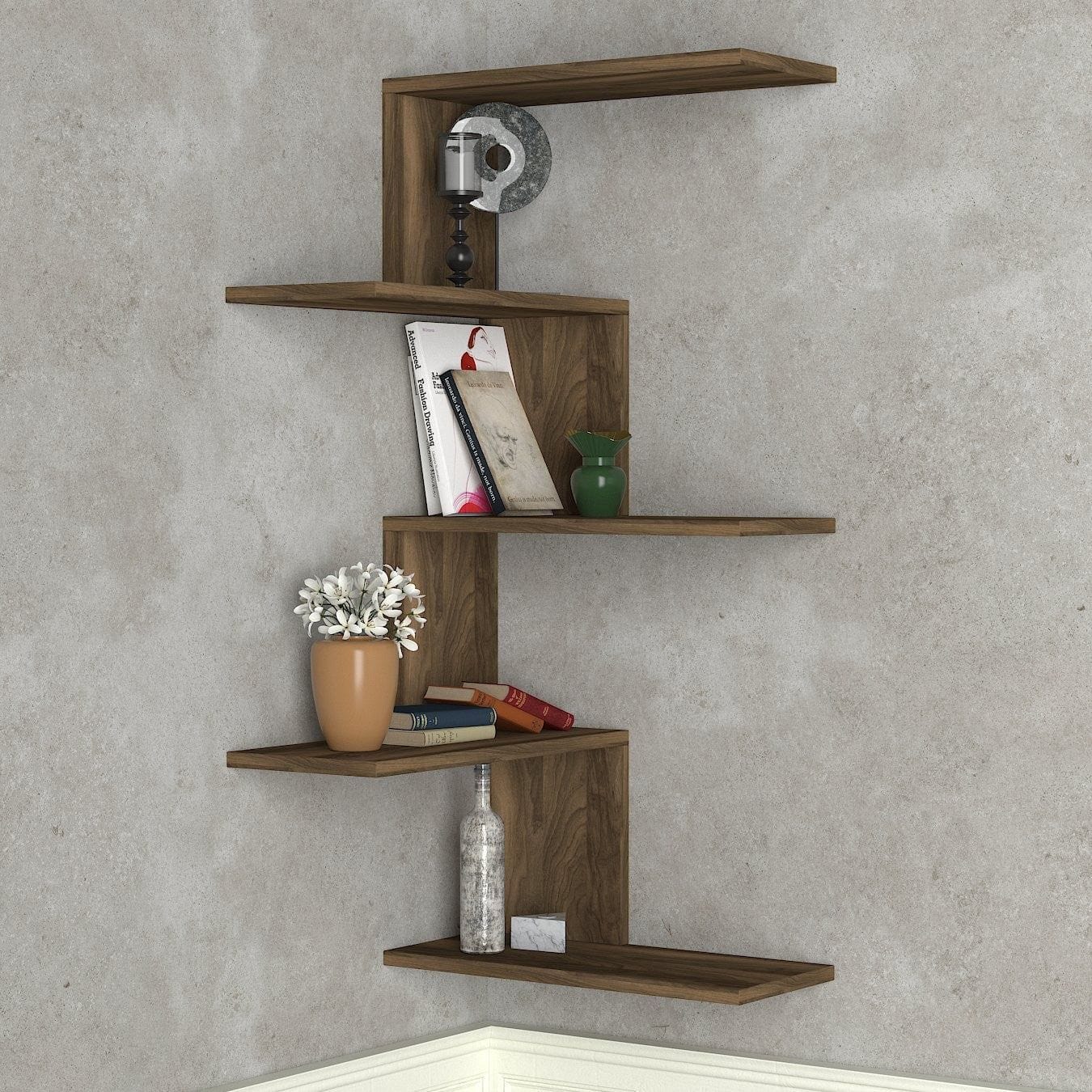 Raft modern din nuc, ideal pentru living, cu decor și cărți – primabucata