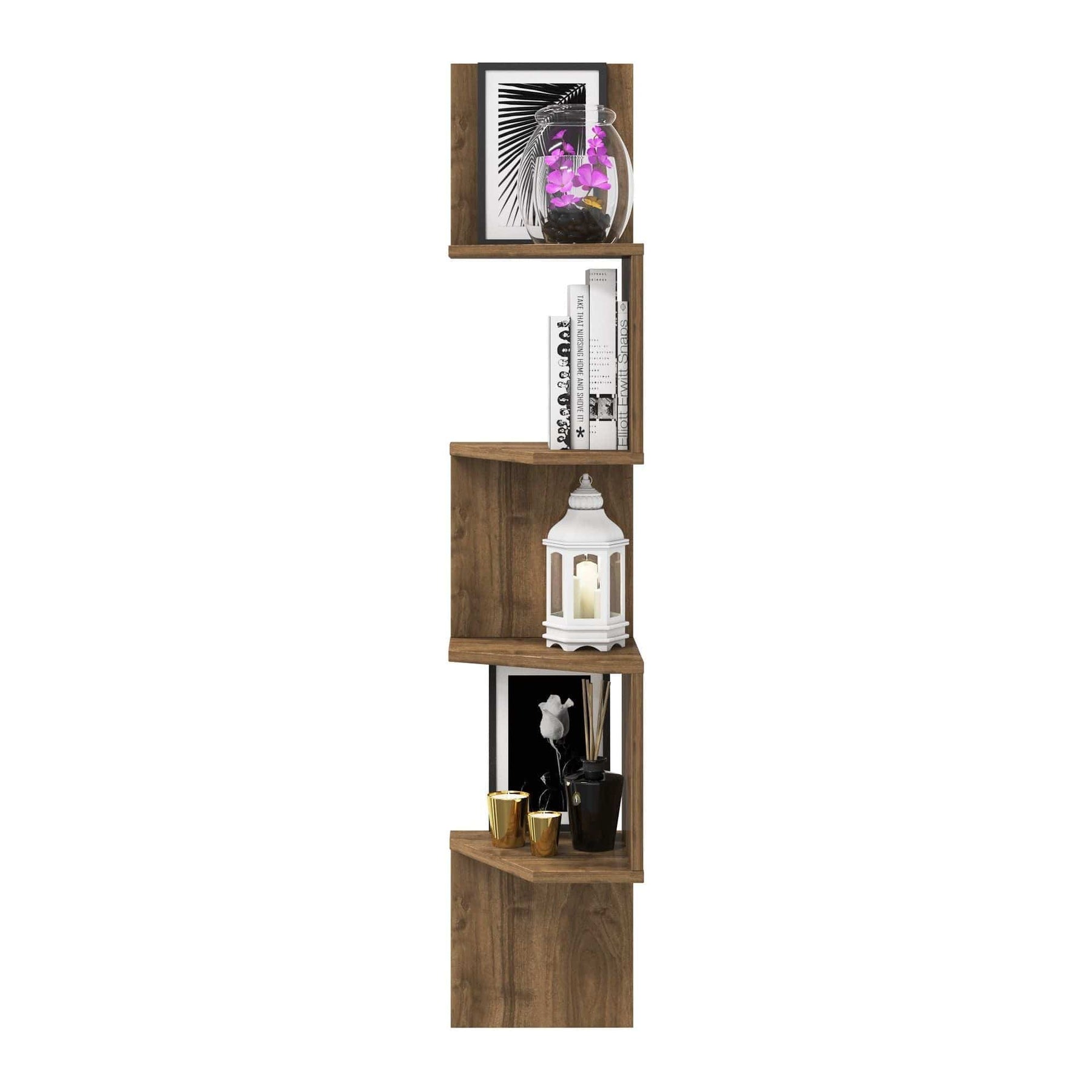 Raft din nuc, decorat cu plante și obiecte decorative, ideal pentru living – primabucata