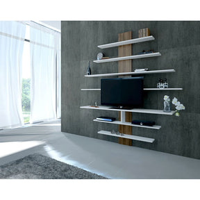 Raft alb și nuc montat pe perete într-un living modern – primabucata