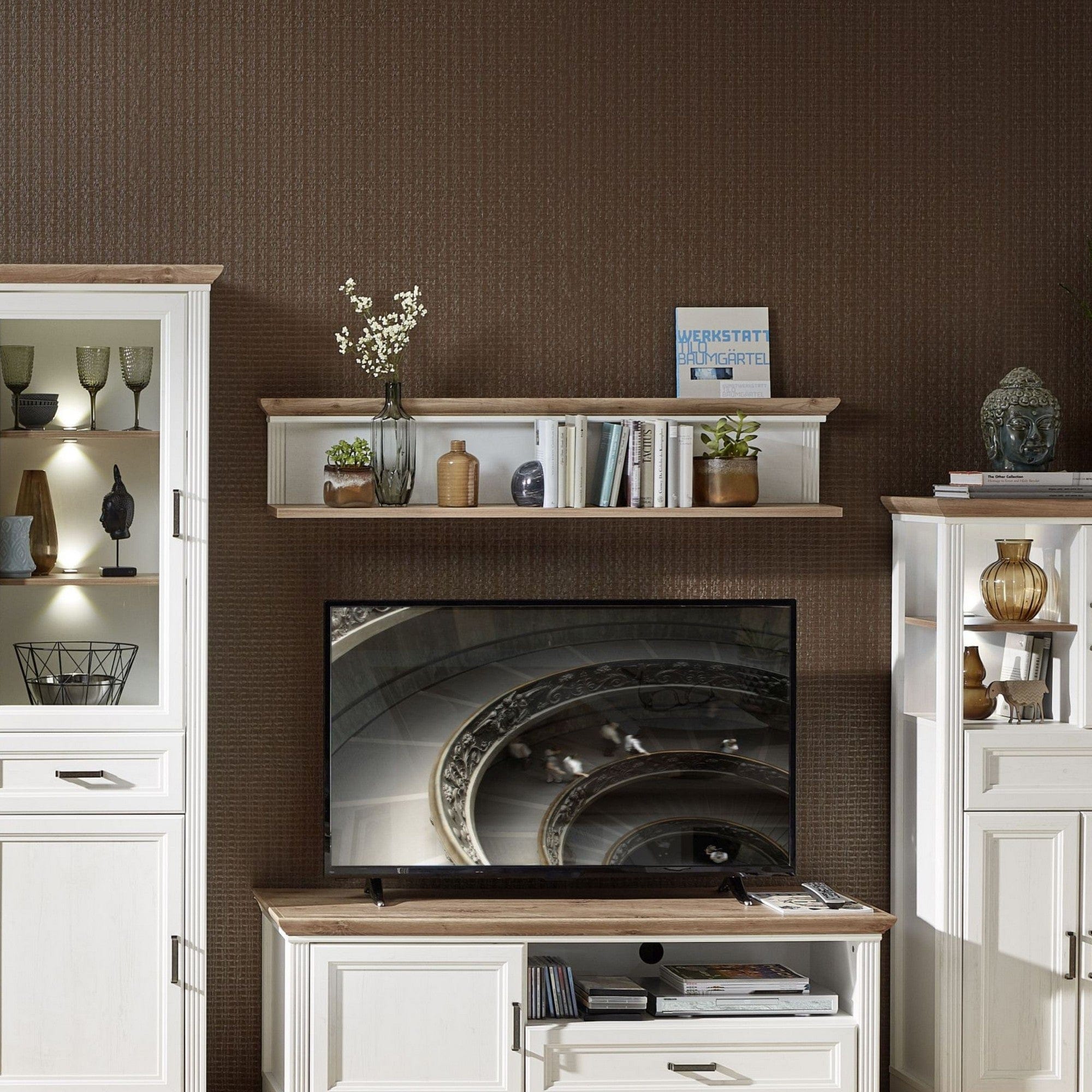 Raft JASMIN, alb/stejar artisan, PAL laminat, 142x20x29 cm