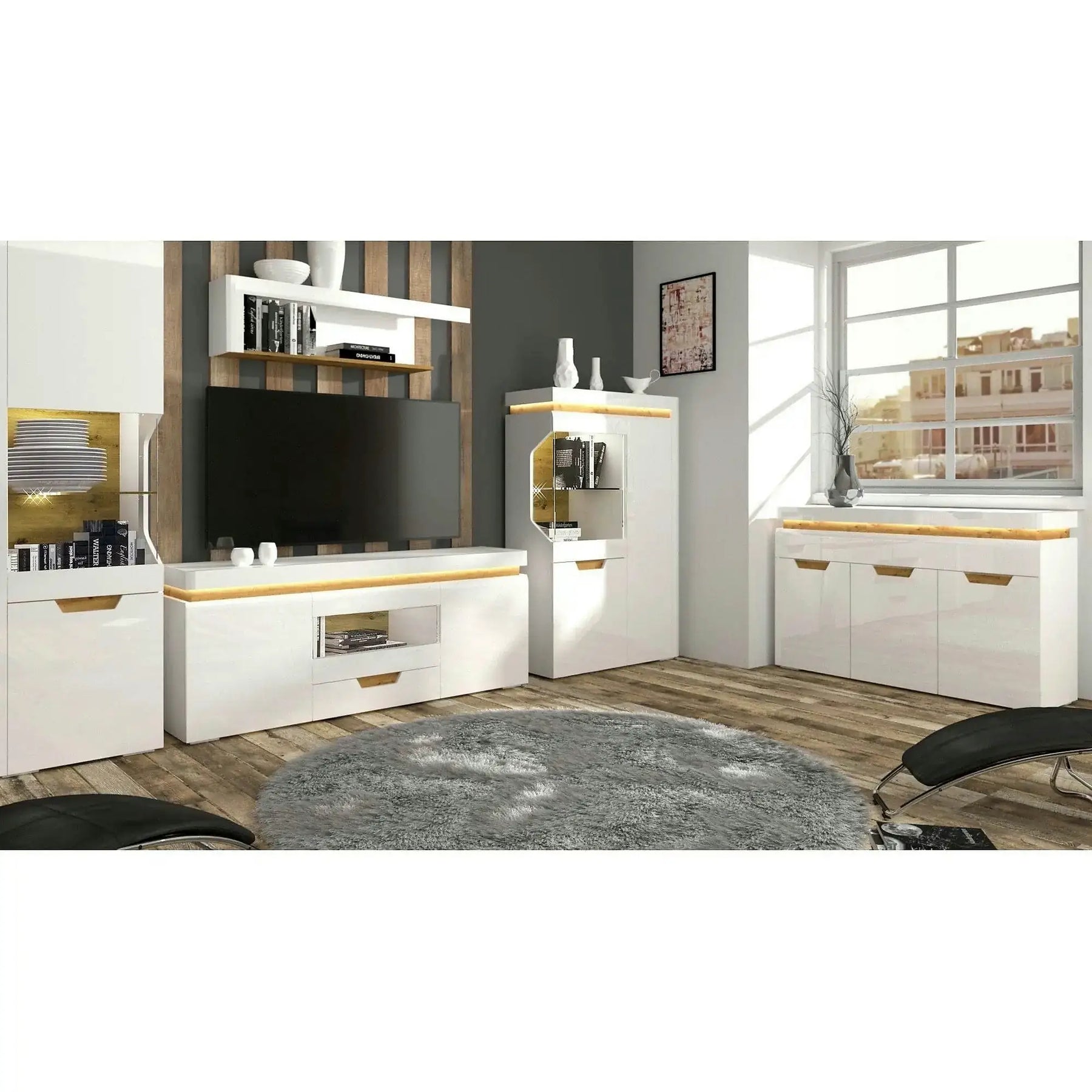 Raft TORINO, MDF laminat, alb lucios, 130.2×21.6×31 cm