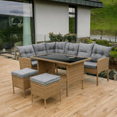 Set mobiler gradina RANDI, maro/gri deschis, ratan sintetic/metal/sticla temperata