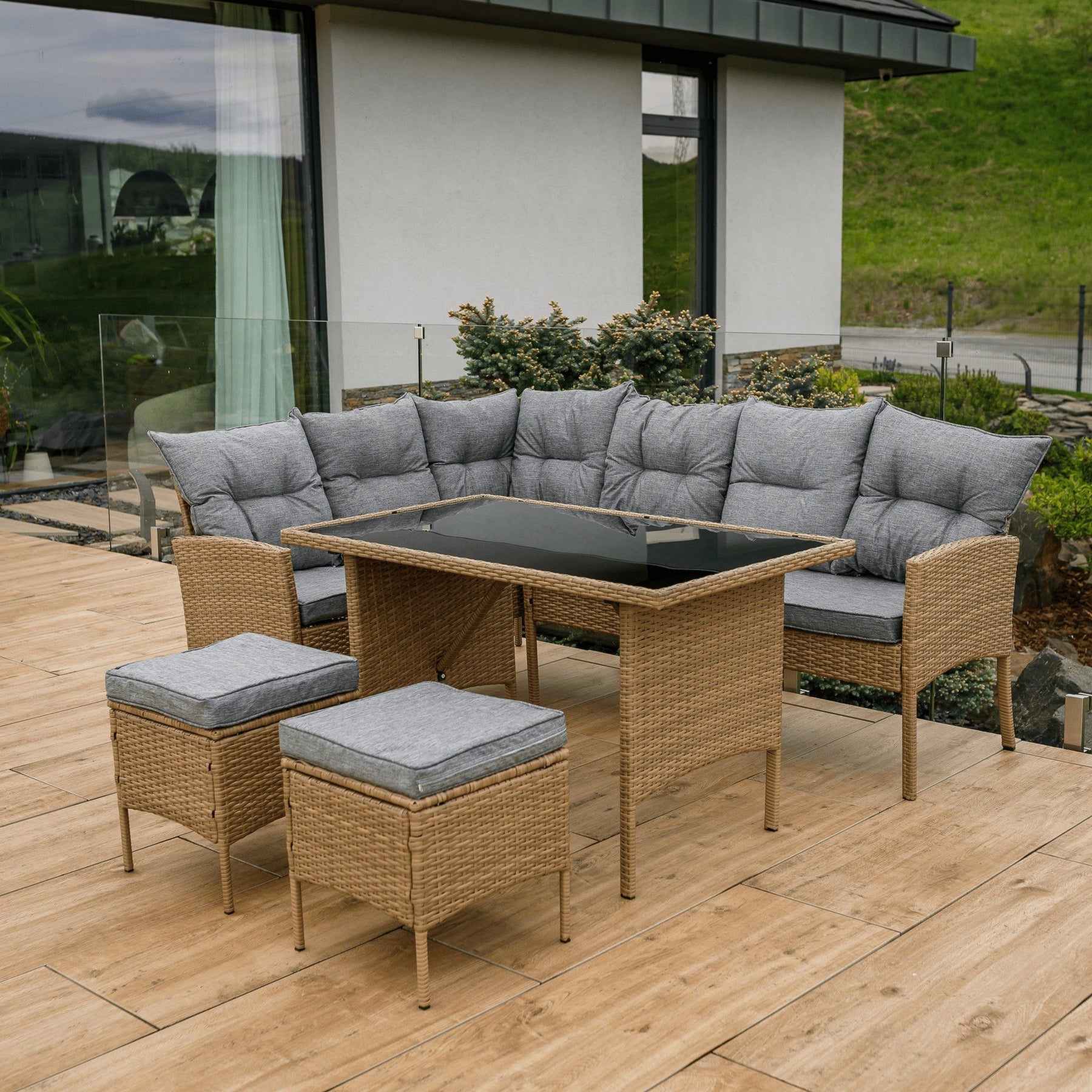 Set mobiler gradina RANDI, maro/gri deschis, ratan sintetic/metal/sticla temperata