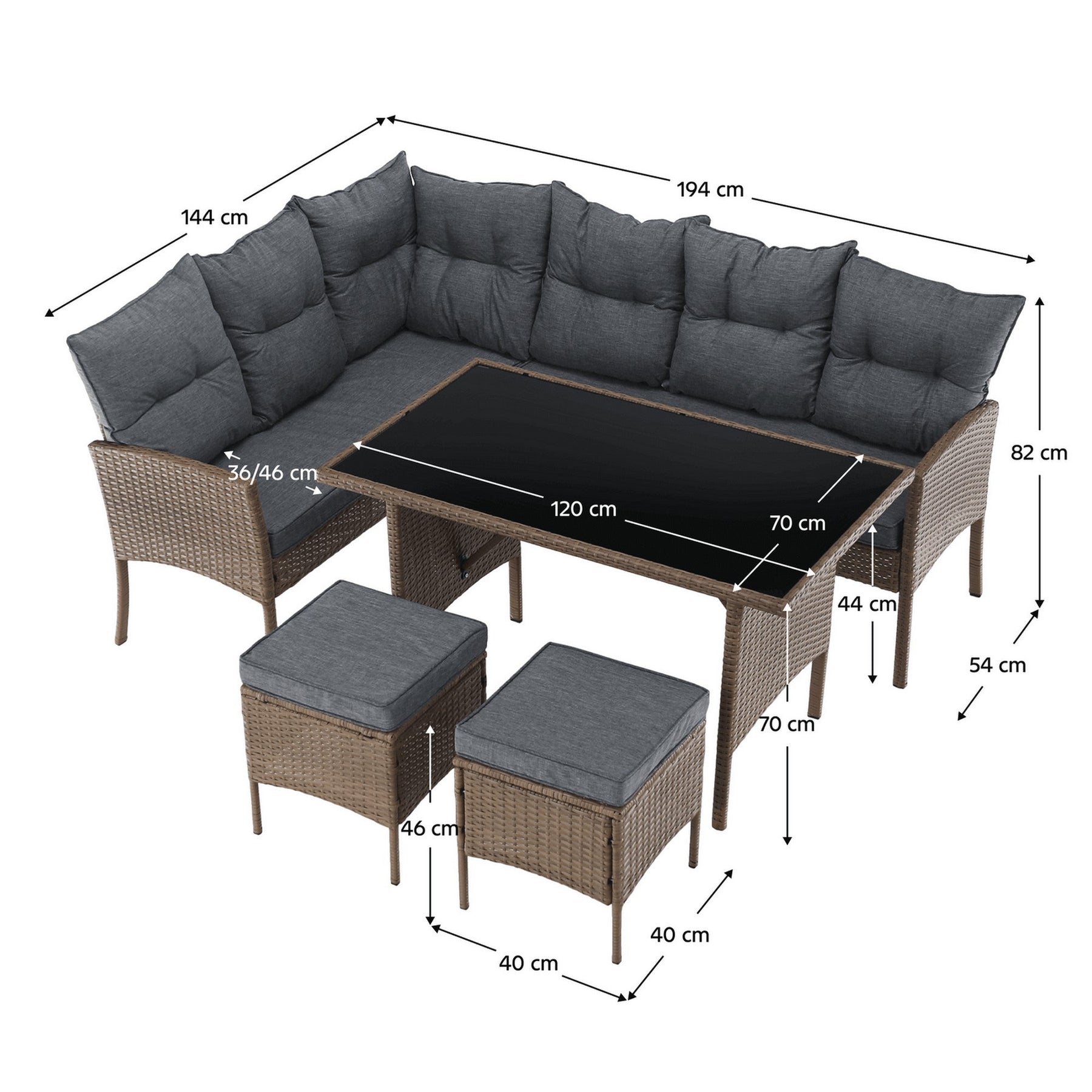 Set mobiler gradina RANDI, maro/gri deschis, ratan sintetic/metal/sticla temperata