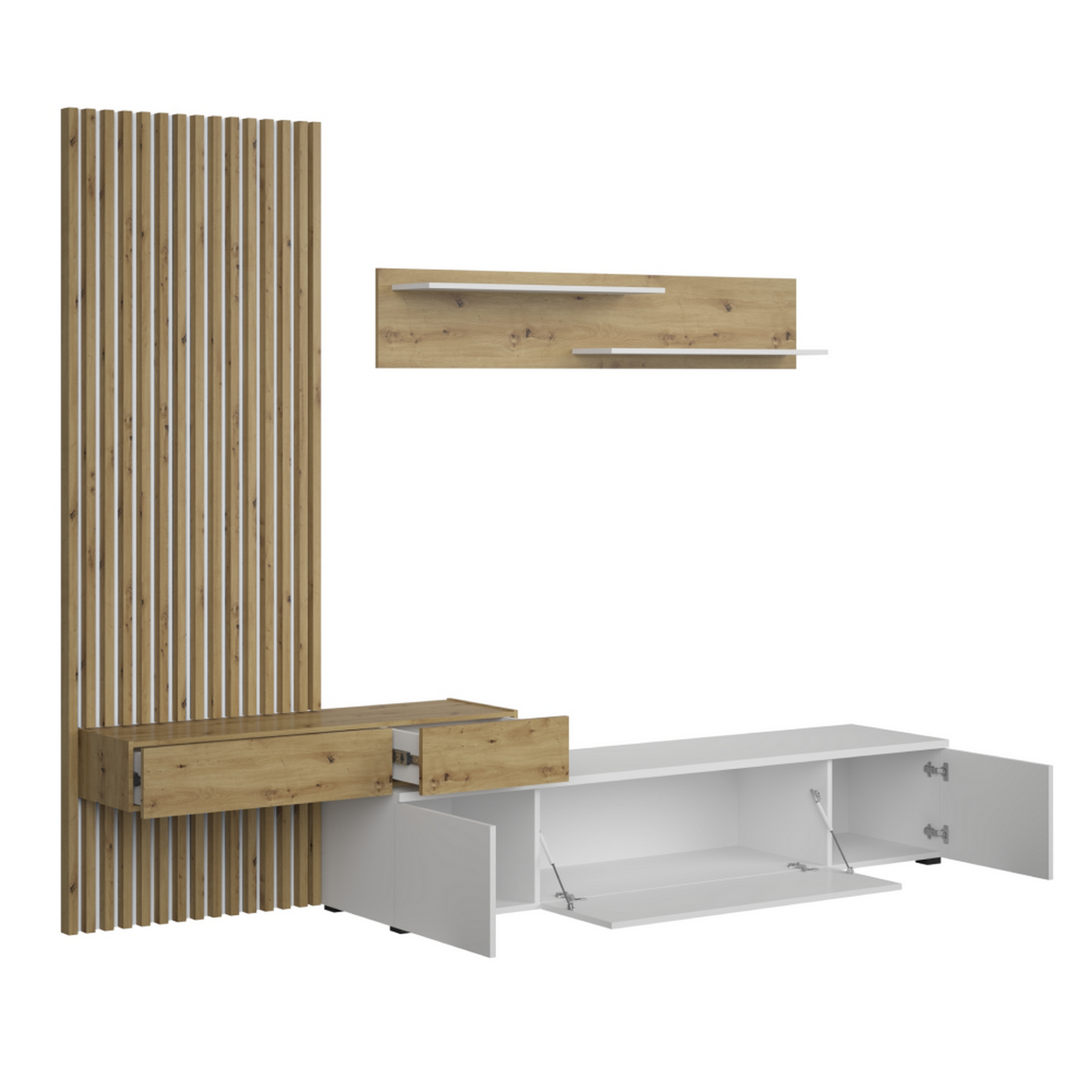 Set living REBEKA, alb/stejar artisan, PAL melaminat, 250x42x200 cm