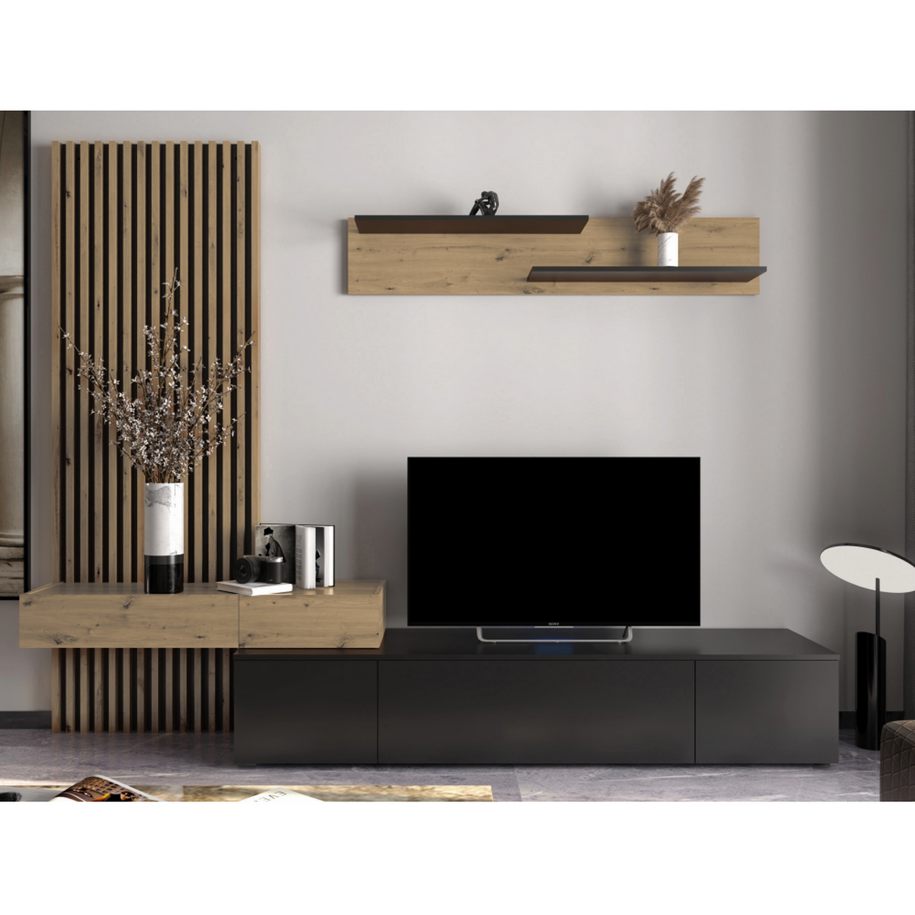 Set living REBEKA, negru/stejar artisan, PAL melminat, 250x42x200 cm