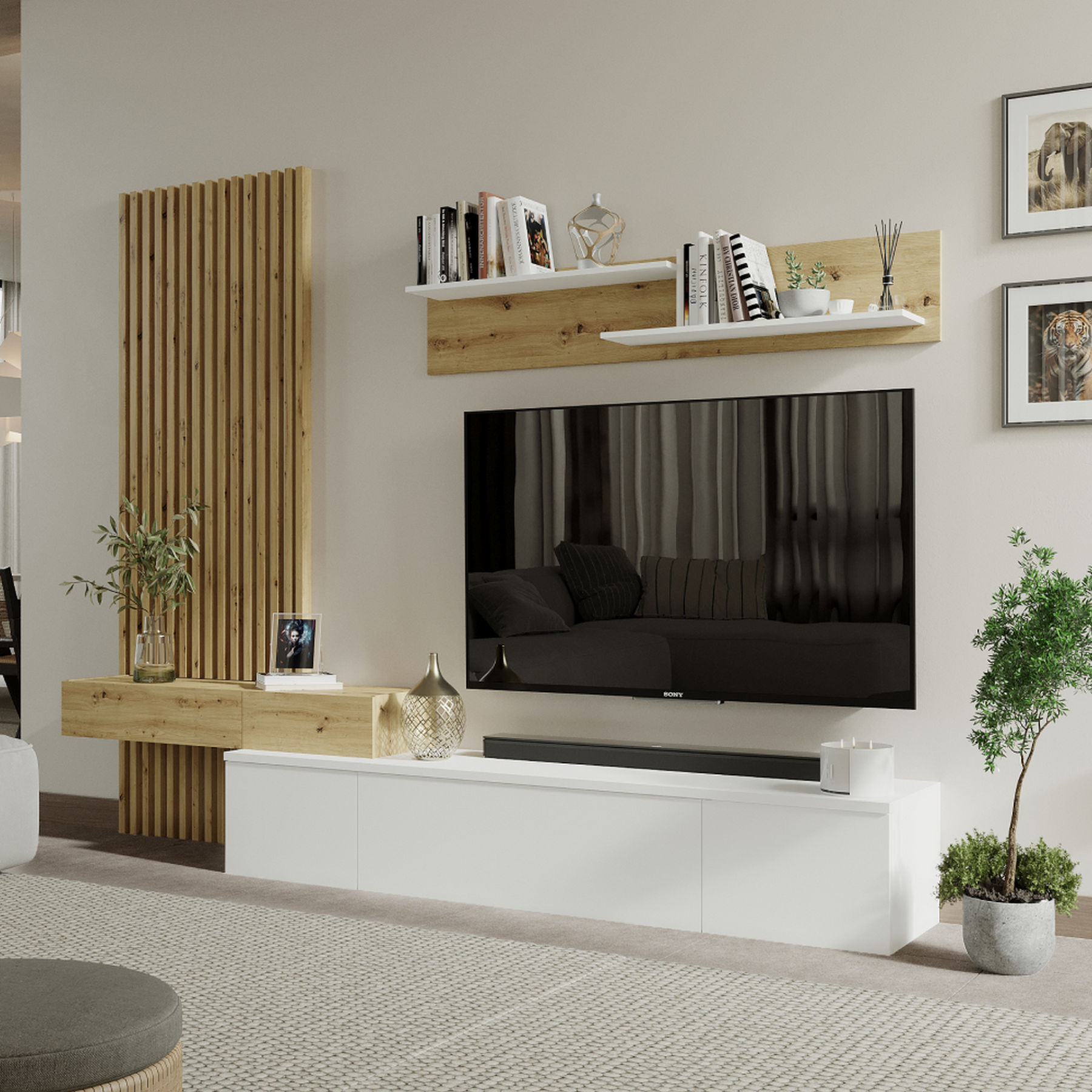Set living REBEKA, alb/stejar artisan, PAL melaminat, 250x42x200 cm