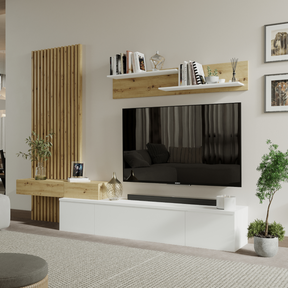 Set living REBEKA, alb/stejar artisan, PAL melaminat, 250x42x200 cm