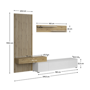 Set living REBEKA, alb/stejar artisan, PAL melaminat, 250x42x200 cm