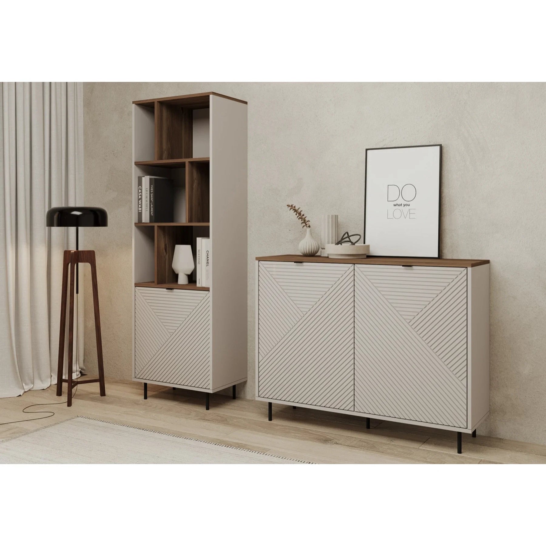 Biblioteca cu rafturi pentru carti EVO, PAL laminat/MDF/metal, casmir/stejar castello, 63.4×40×194.6 cm