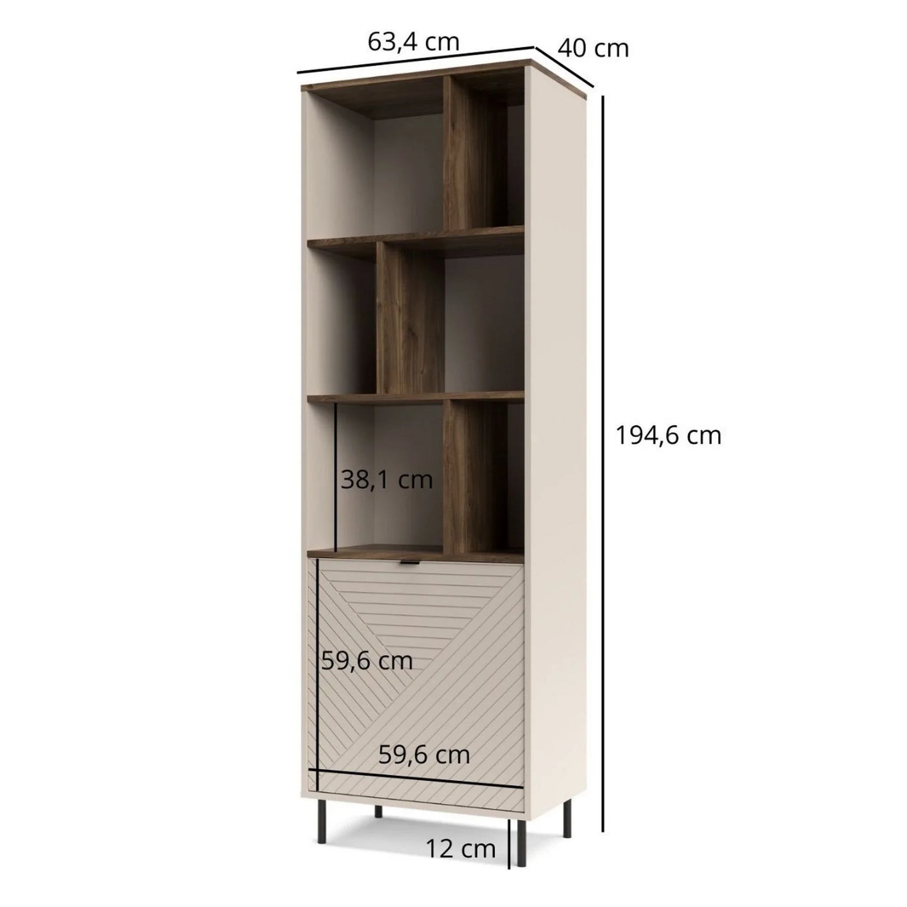 Biblioteca cu rafturi pentru carti EVO, PAL laminat/MDF/metal, casmir/stejar castello, 63.4×40×194.6 cm