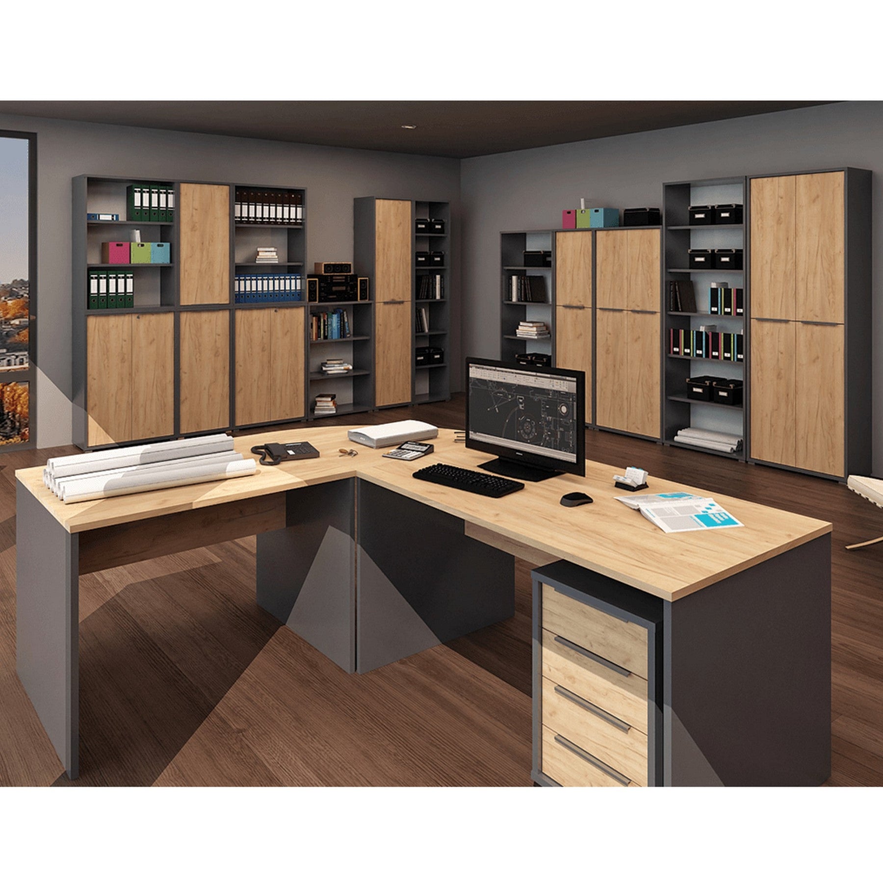 Noptiera birou RIOMA NEW TYP 14, DTD laminat, grafit/stejar artisan, 43x48x66.7 cm