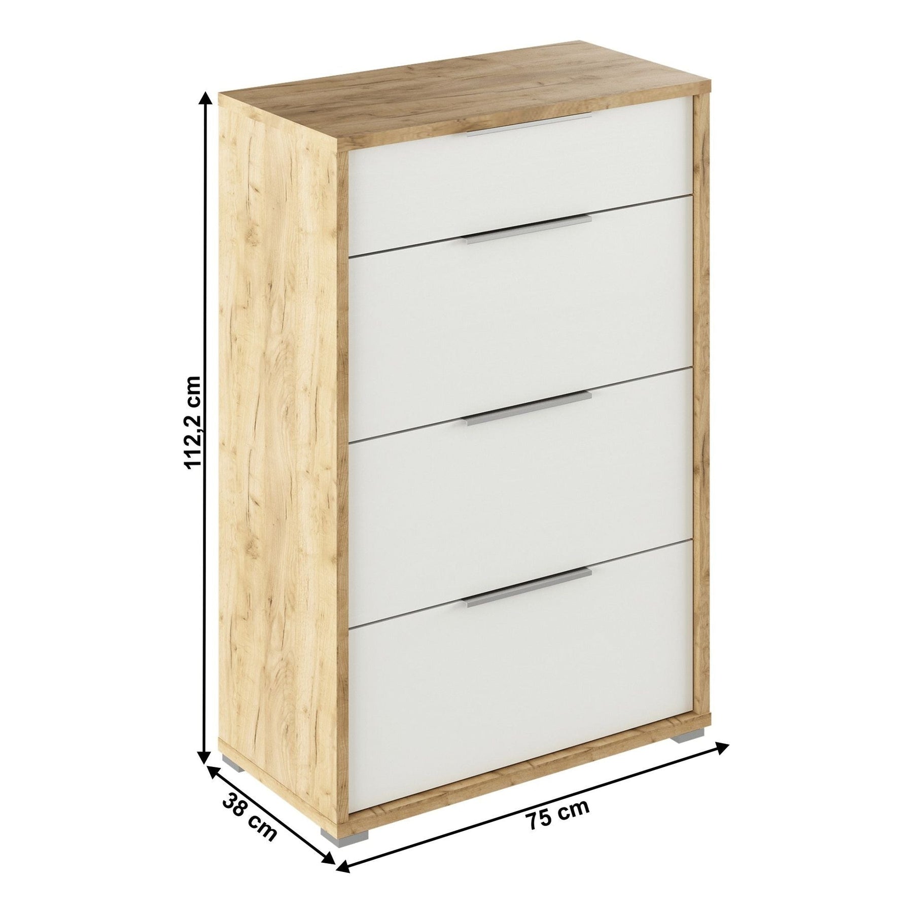 Comoda RIOMA TYP 22, stejar artisan/alb, DTD laminat, cu 4 sertare, 75x38x112.2 cm