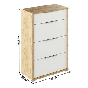 Comoda RIOMA TYP 22, stejar artisan/alb, DTD laminat, cu 4 sertare, 75x38x112.2 cm