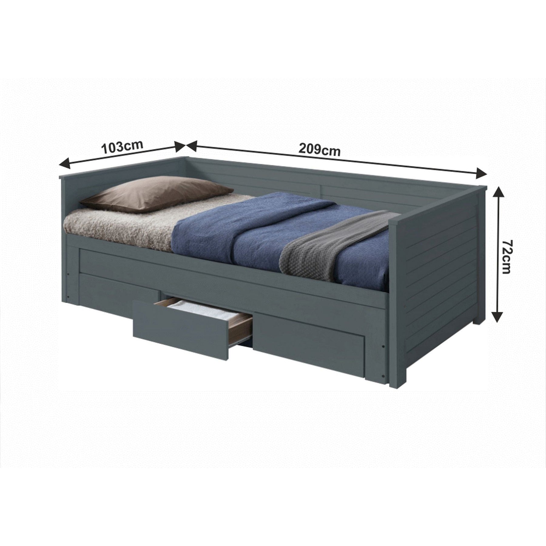 Pat dormitor GORETA, lemn, gri, 90x200 cm/180x200 cm, extensibil, 3 sertare, fara saltea