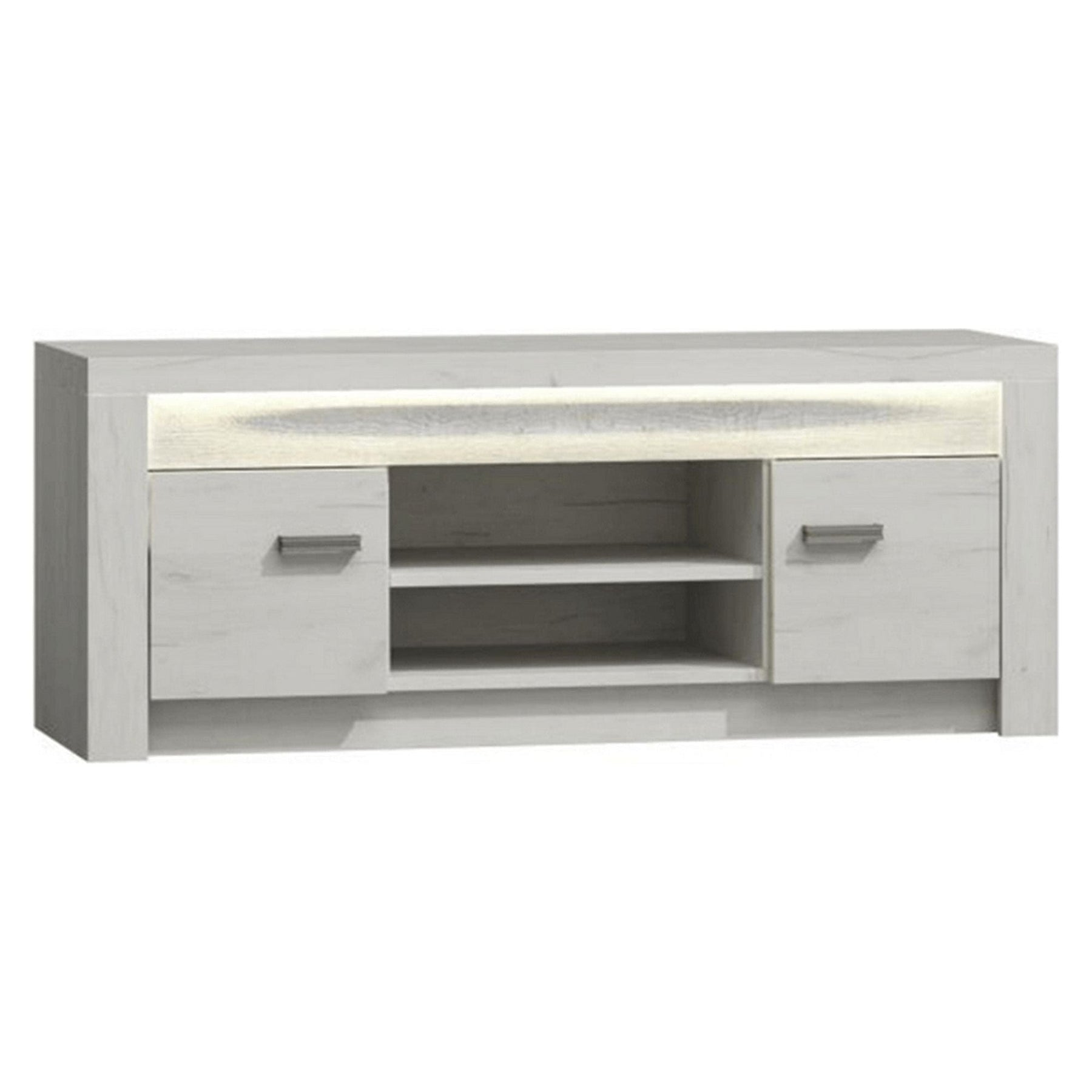 Comoda TV INFINITY I-09, PAL, frasin alb, iluminare LED, 137x42x53 cm