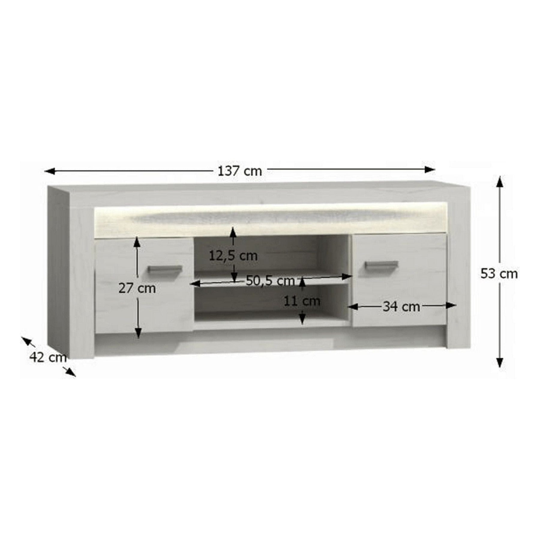 Comoda TV INFINITY I-09, PAL, frasin alb, iluminare LED, 137x42x53 cm