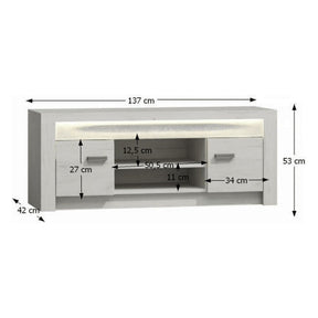 Comoda TV INFINITY I-09, PAL, frasin alb, iluminare LED, 137x42x53 cm