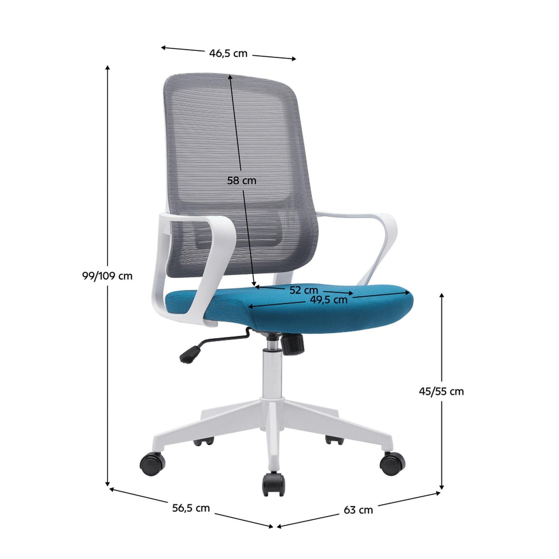 Scaun birou SALOMO TIP 1, gri/turcoaz/alb, plasa/stofa clasica/plastic, 63x57x99/109 cm