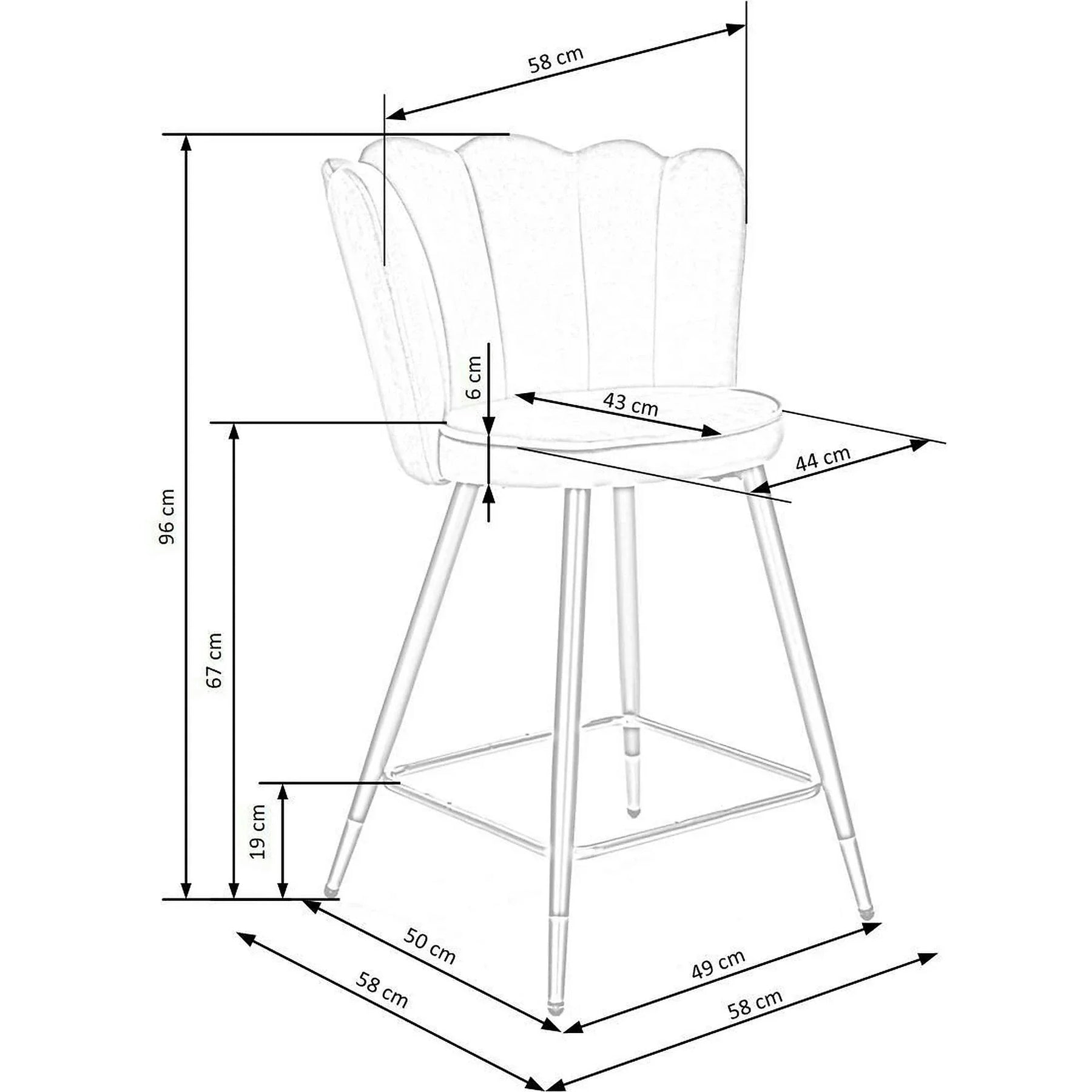 Scaun bar H106, stofă catifelata/otel, gri/negru/auriu, 55×58×96 cm