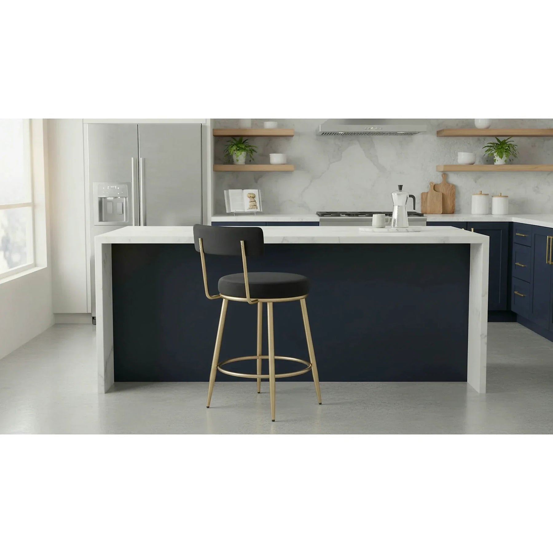 Scaun bar H115, stofă catifelata/otel, negru/auriu, 45×54×90 cm